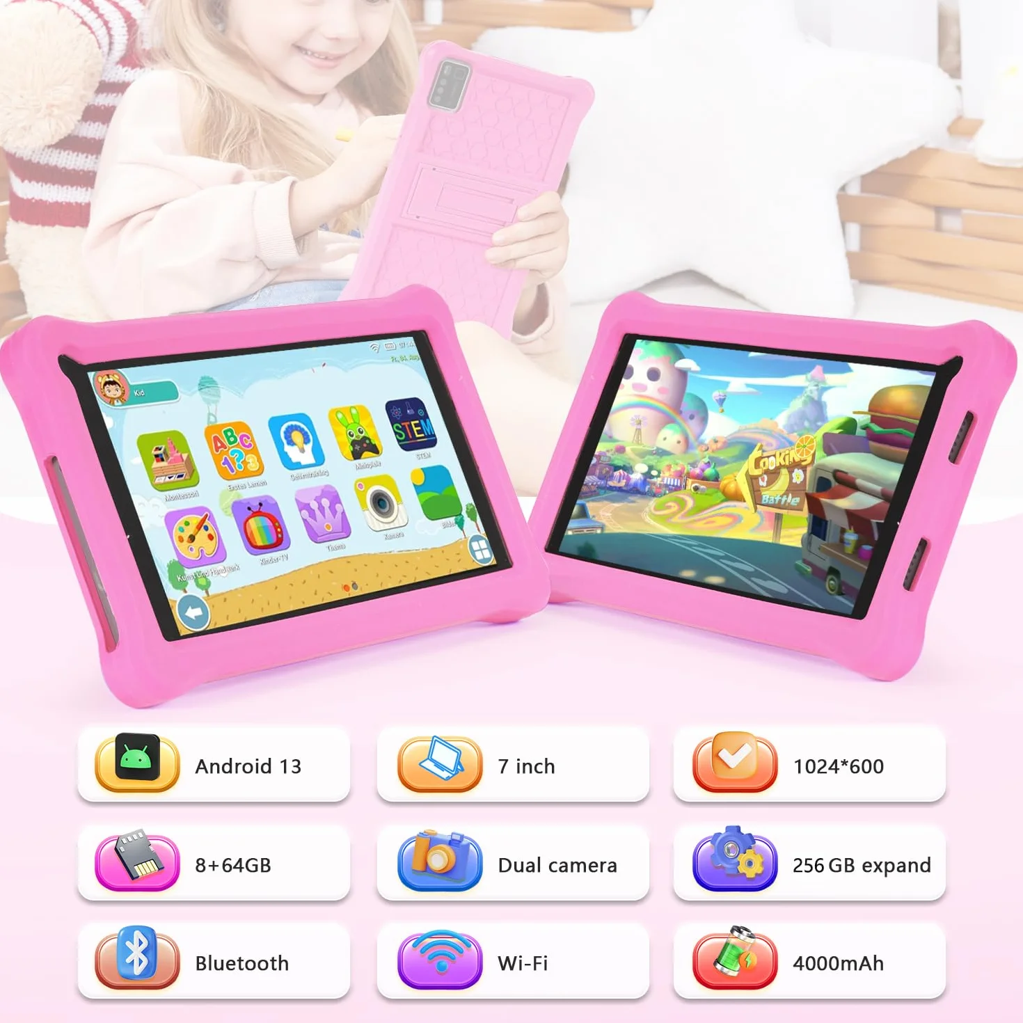 Tablet bambini 7 pollici con Controllo Parentale, Android 13, Schermo IPS, 8GB RAM 64GB ROM(256 GB Espandibile), WiFi, App Pre-installed, Doppia fotocamera, Tablet Educativo con Custodia (Rosa)