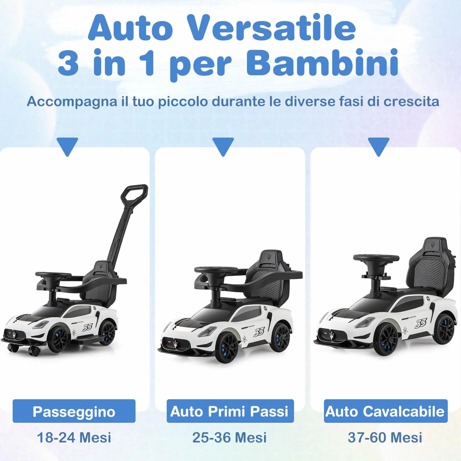 COSTWAY 3 in 1 Maserati Auto da Spinta Bambini 18-60 Mesi Bianco