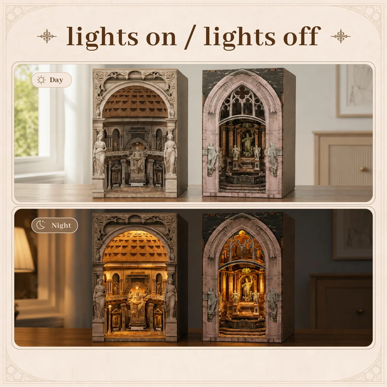 MiniCity Set di 2 angoli per libri fai da te, collezione Miniature World, serie di puzzle 3D con chiesa, decorazione estetica per librerie e hobby per bibliofili (Pantheon e Duomo di Mliano)