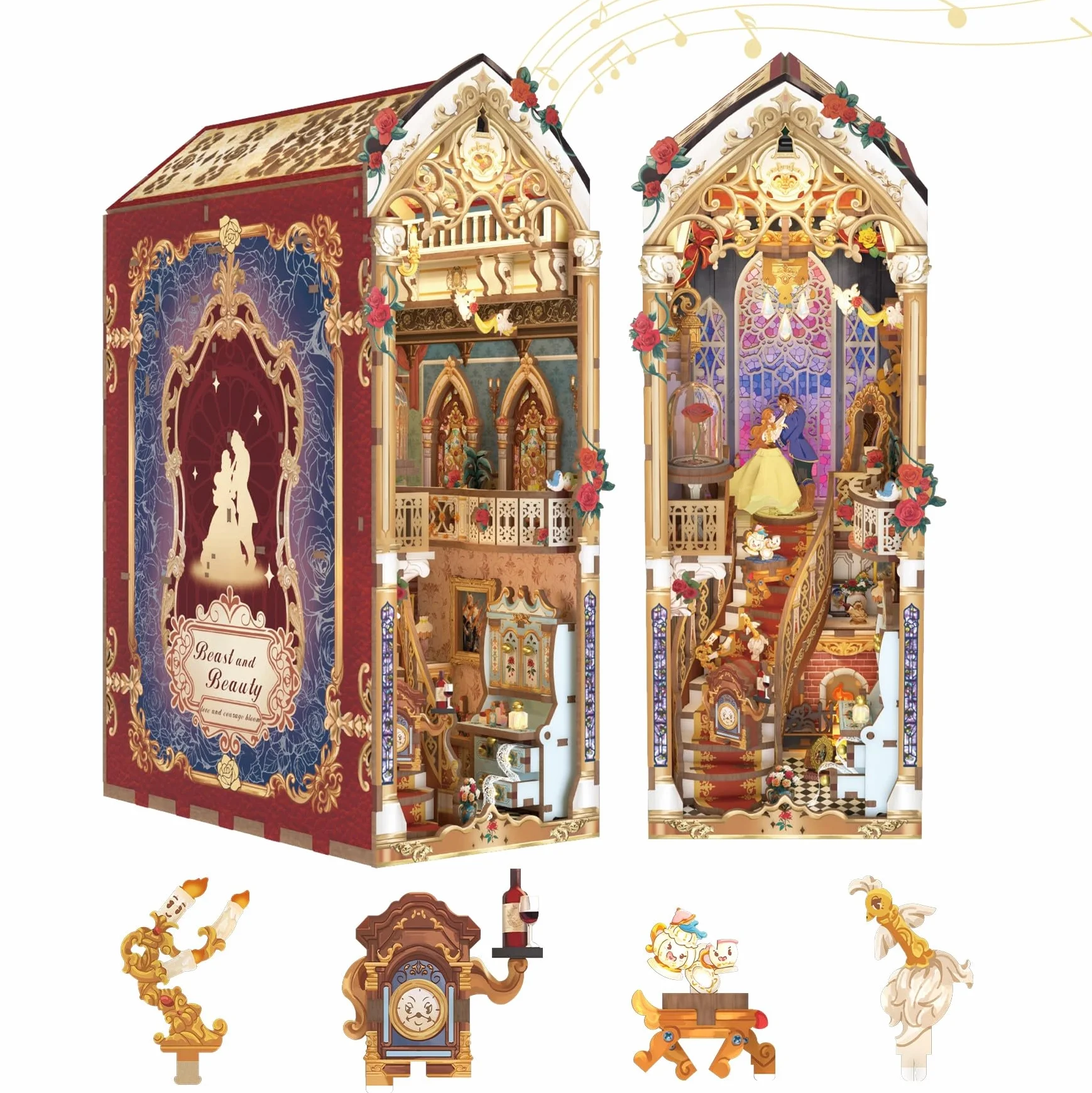 Tonecheer Book Nook Kit fai da te per adulti, puzzle 3D in legno, fermalibri in miniatura, decorazione per libreria, con copertura antipolvere e luci a LED, idea regalo (bestia e bellezza)