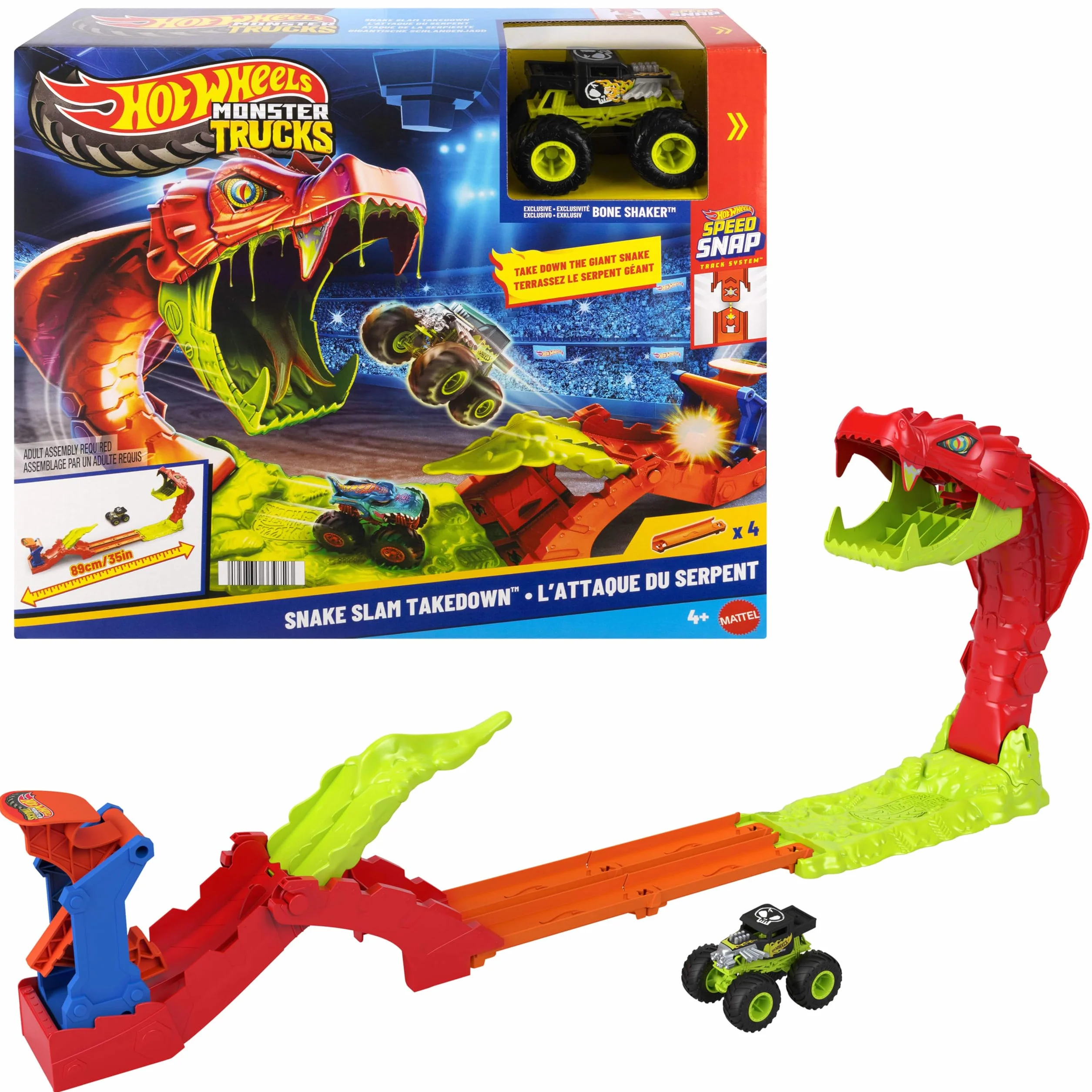 Hot Wheels Monster Trucks - Attacco del Serpente, set pista con lanciatore e veicolo Bone Shaker in scala 1:64 incluso, sconfiggi il gigantesco seprente nemico, 4+ anni, JJN44
