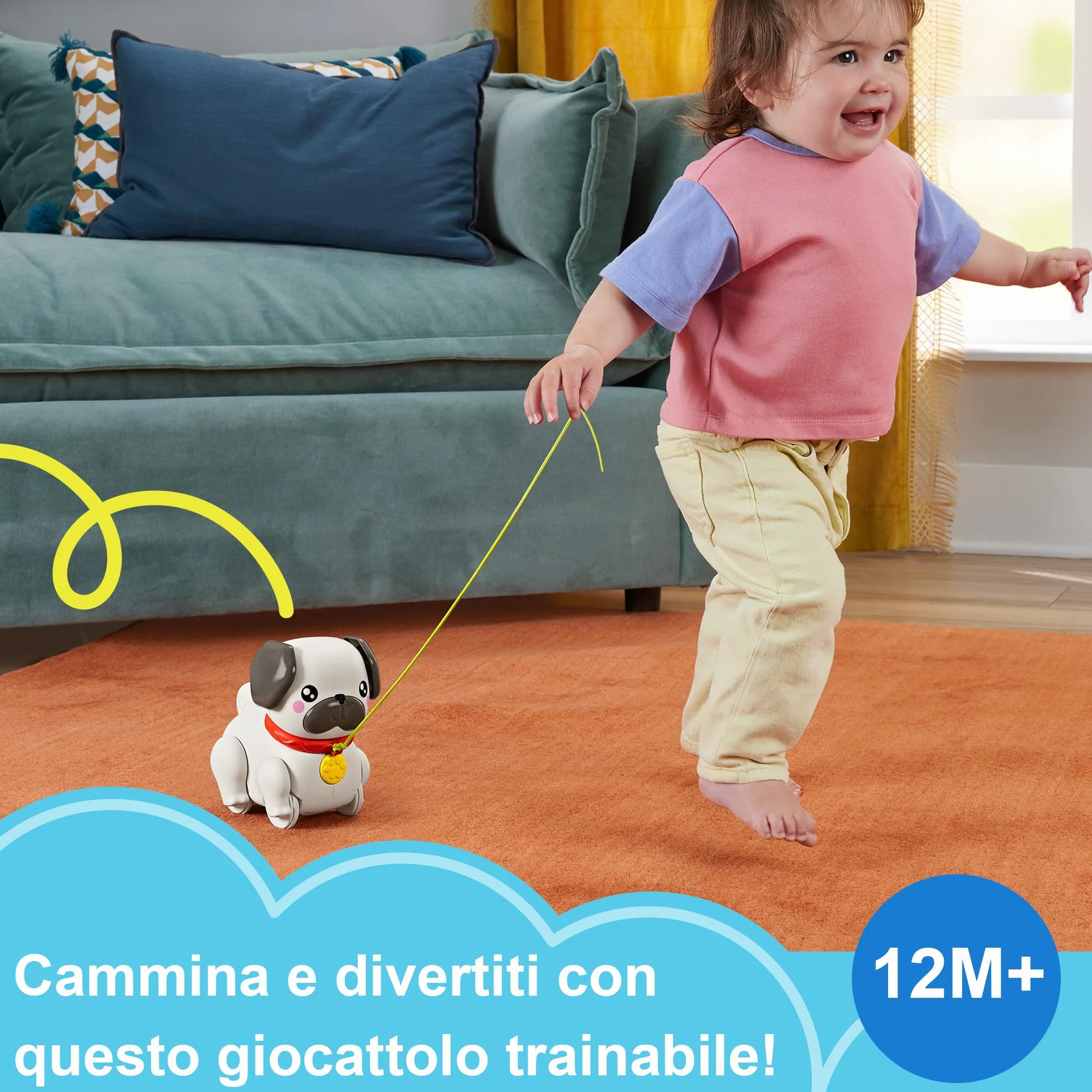 Fisher-Price Pets - Carlino Cammina con Me, Cucciolo trainabile con guinzaglio e Suoni, incoraggia a Camminare e abbaia con Il Movimento, giocatolo per Bambini, 12+ Mesi, HTW94