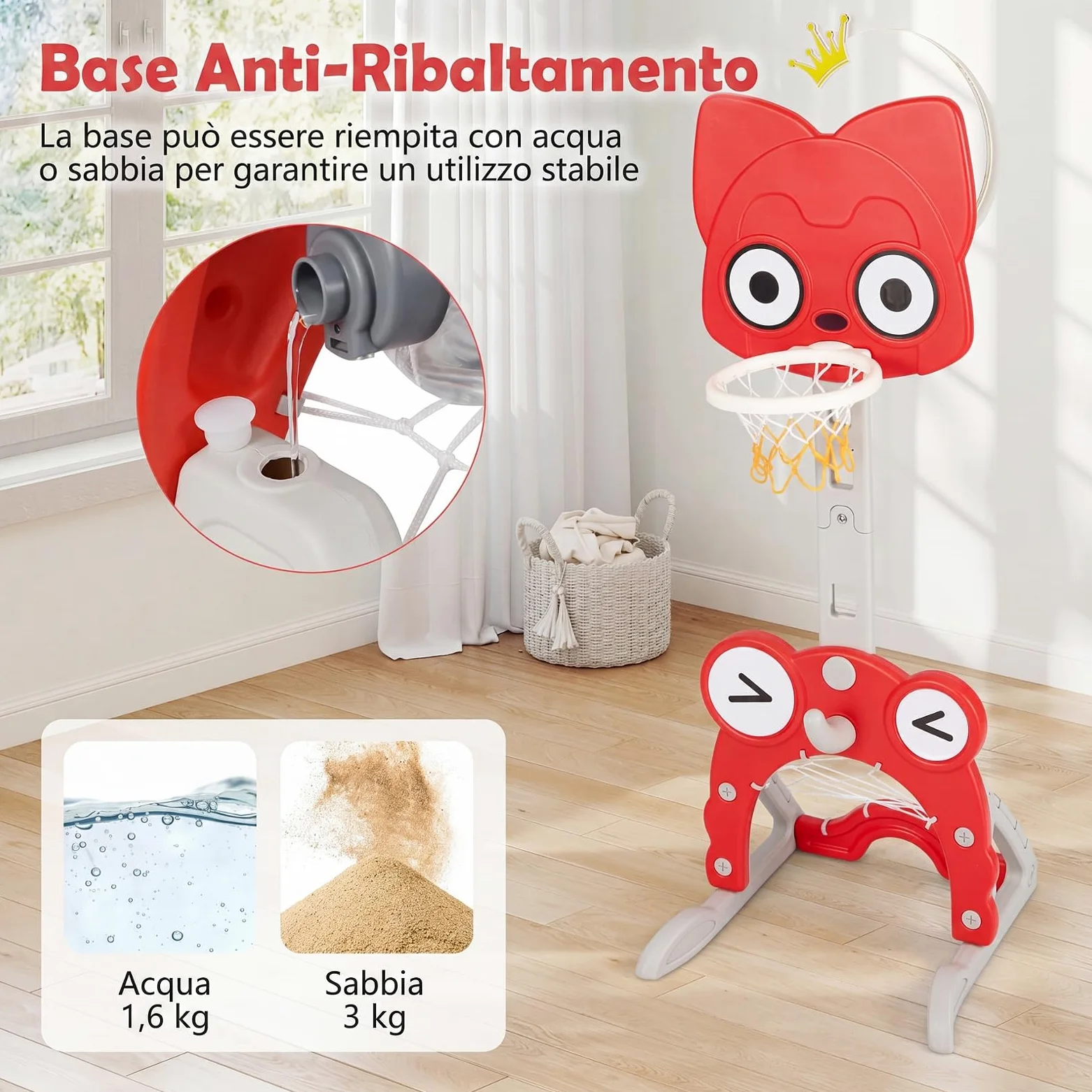 COSTWAY Canestro da Basket 4 in 1 per Bambini 3+ Anni, Altezza 118-148 cm | Centro di Attività Forma Volpe in HDPE con Golf, Calcio e Anelli da Lancio, Base Riempibile, per Cameretta e Asilo Nido