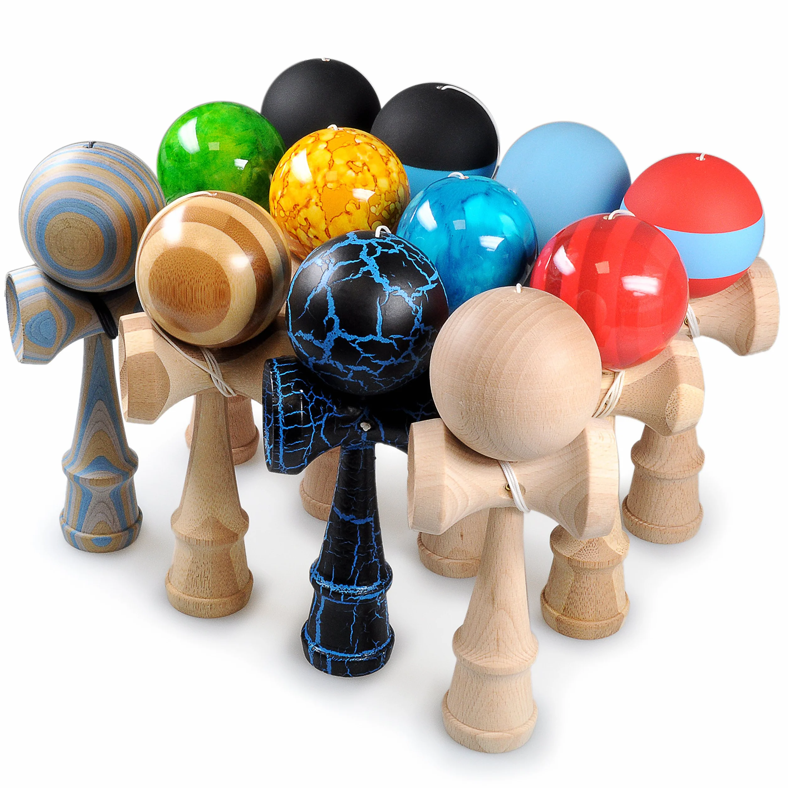 Ganzoo kendama tradizionale giapponese in legno di faggio blu e nero, con palla forata 6 cm collegata da corda nylon resistente, impugnatura ergonomica con 3 coppette standard e puntale, altezza 16 cm