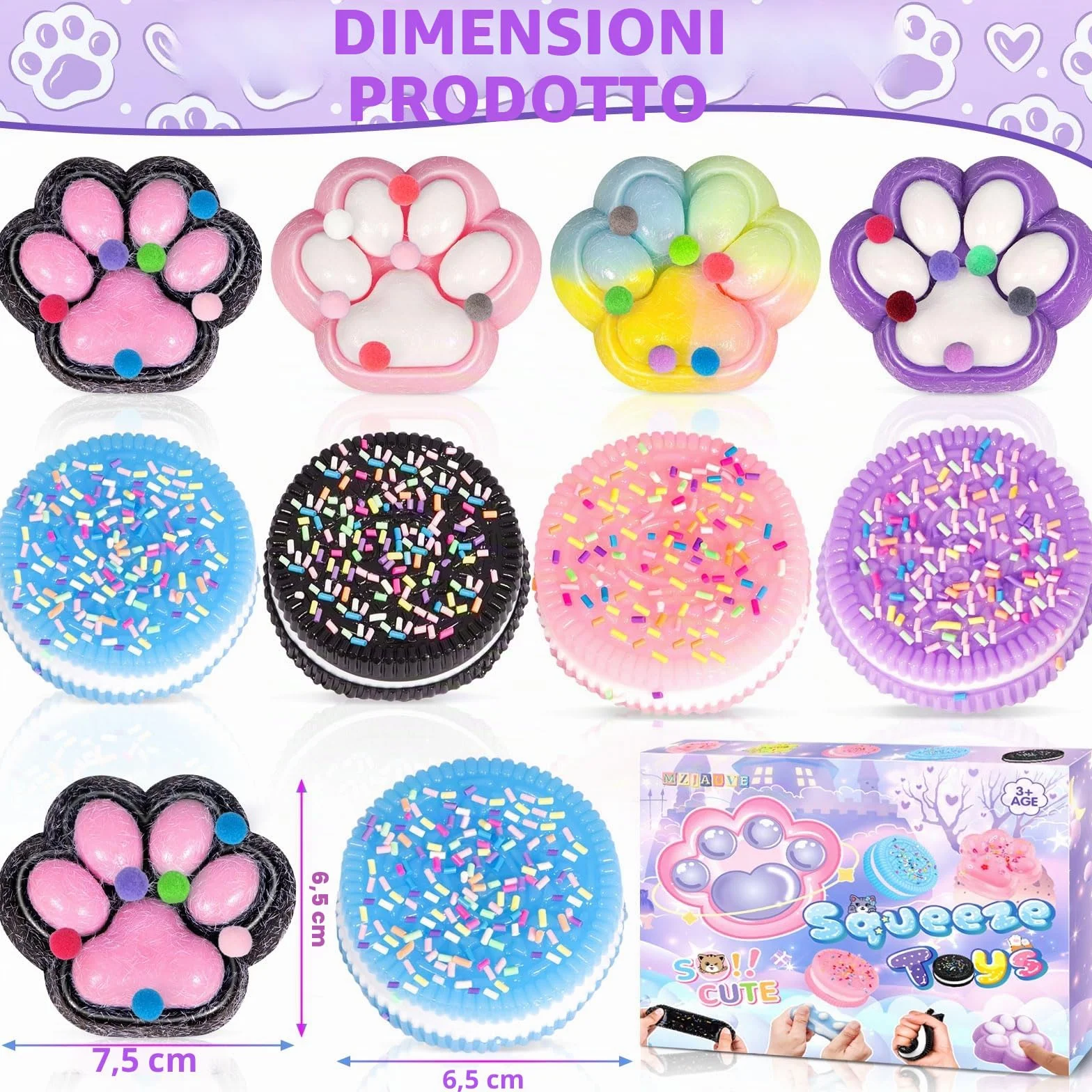 4 pezzi giocattolo per stringere zampa di gatto, 4 pezzi Squishy Oreo, Taba Squishy Kit, Squeeze Toys, Kawaii Squishys Giocattoli, Giocattoli antistress per bambini e adulti, Natale