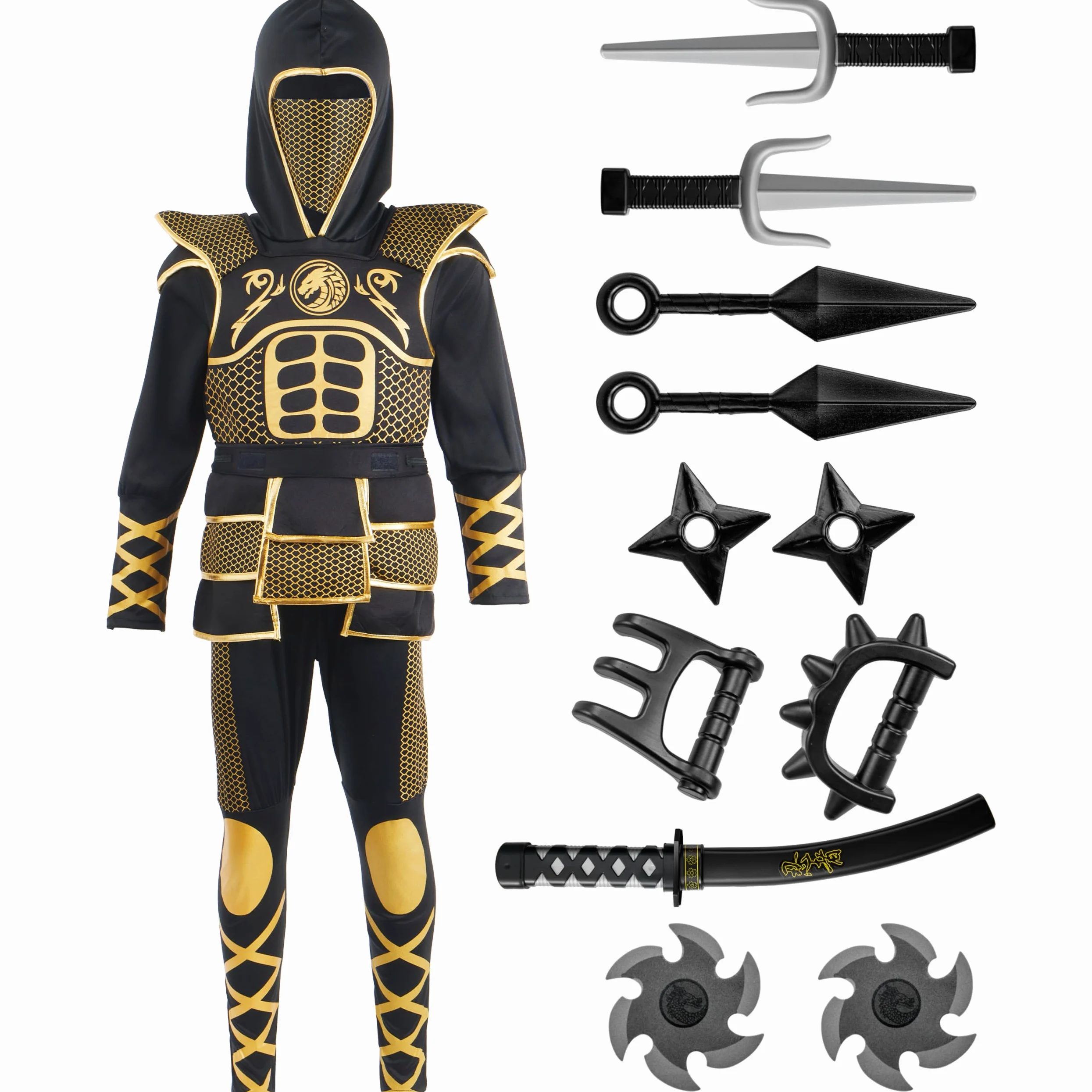Spooktacular Creations Costume Ninja d'oro per ragazzi, set di costumi Ninja per bambini con armatura d'oro e modelli per Halloween Costume Ninja Dress Up Party