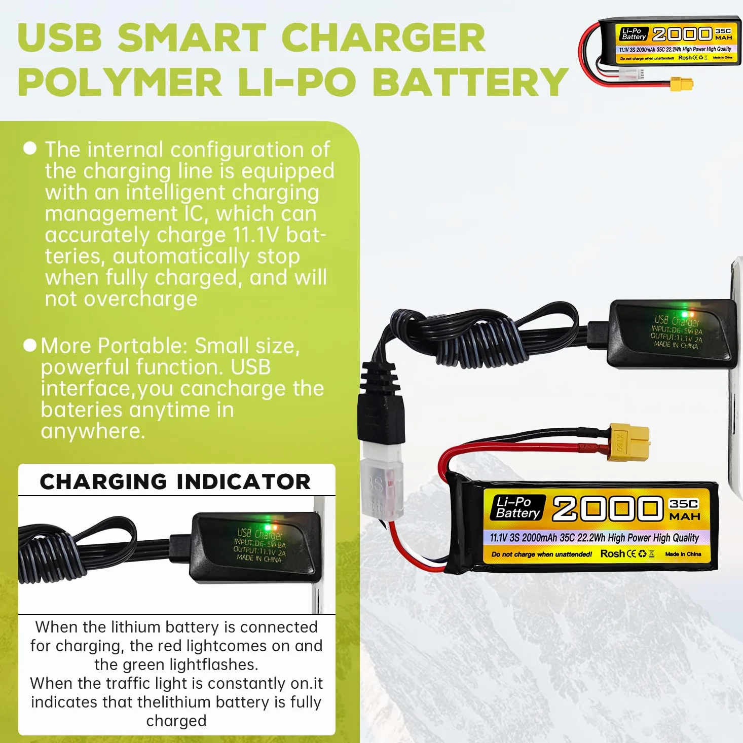 3S Lipo Batteria 11.1V 2000mAh 35C XT60 Spina con Cavo di Ricarica USB per RC Auto Camion RC Barca RC Quadcopter FPV Drone Batteria