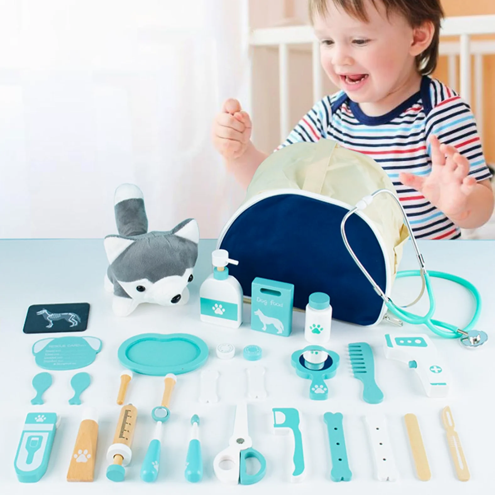 DASHIELL Playset da Dottore per Bambini Fai Finta di Giocare | Kit da Dottore Giocattolo Veterinario di Simulazione - Kit Giocattolo Veterinario per Giochi di Ruolo in Legno massello | Gio