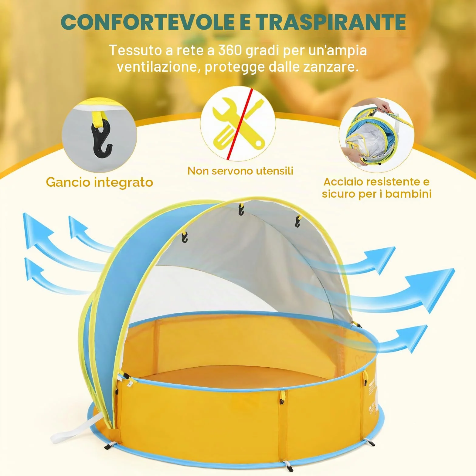 Peradix Piscina per bambini 4 in 1, con protezione dai raggi UV, tenda da spiaggia con zanzariera, tenda da gioco portatile, per la protezione solare estiva per anni (blu e giallo)