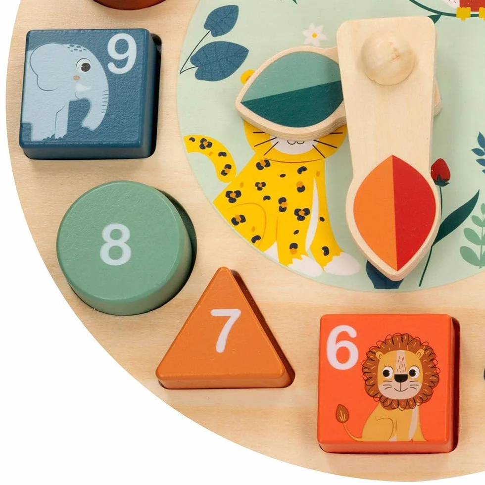 WOOMAX - Orologio in Legno Giocattolo, Zookabee, Diametro 22 cm, Animali Selvatici, Orologi educativi, Incassabili, Design Giungla, Gioco educativo, Giocattoli Bambini 3 Anni, Orologi educativi, FSC