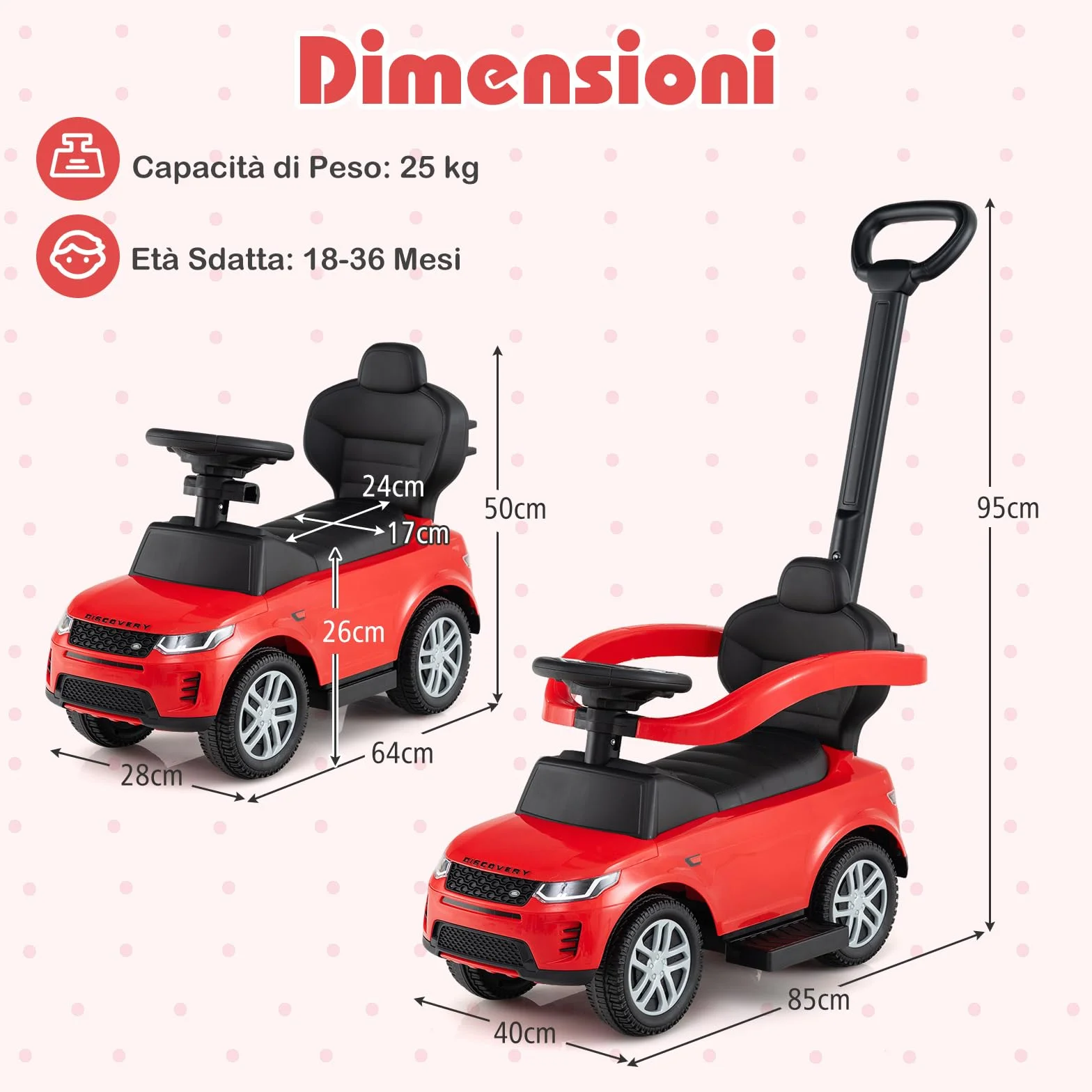 COSTWAY 3 in 1 Auto a Spinta, Macchinina a Pedale con Manico Removibile e Paracolpi, Clacson e Suono di Avvio, per Bambini 18-36 Mesi (Rosso)