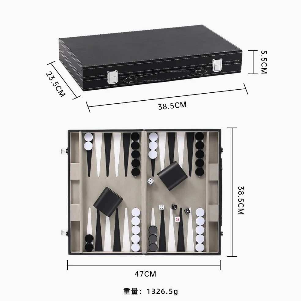 Set da backgammon for adulti, set da gioco da tavolo in pelle PU nera da 15 pollici, set da backgammon da viaggio classico for 2 giocatori scacchiera portatile