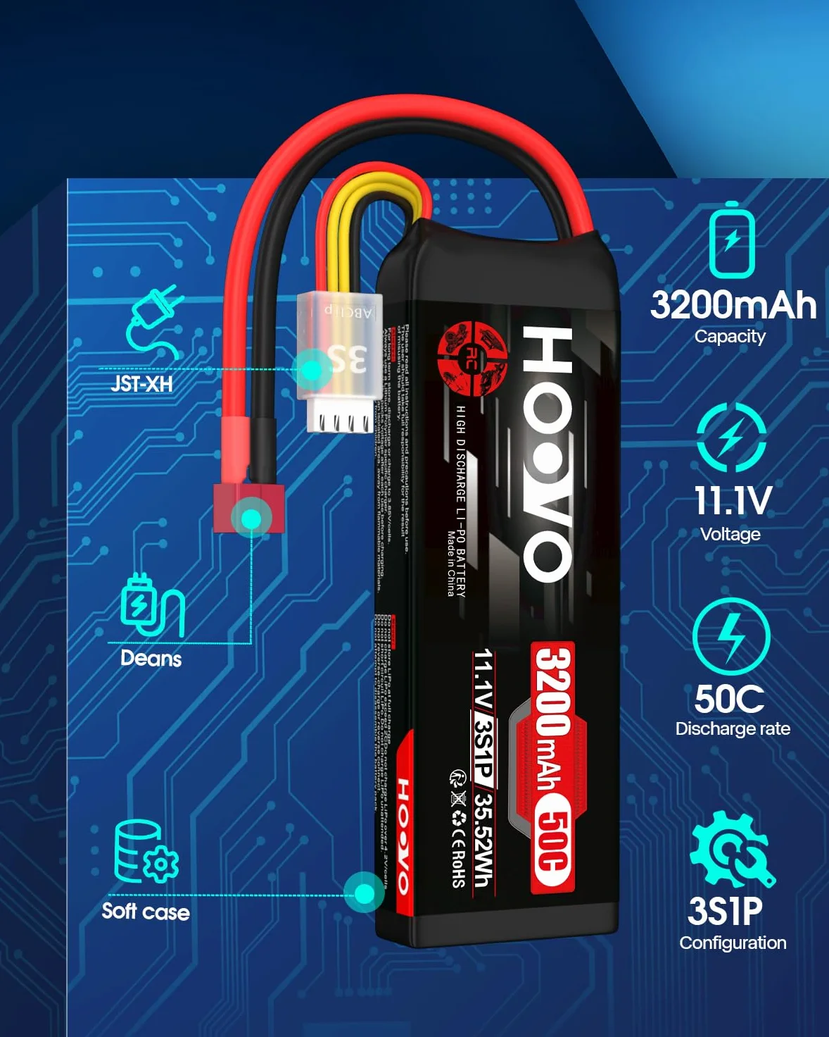 HOOVO Batteria Lipo 3S 11,1 V 3200 mAh 50C Custodia Morbida Batteria Lipo con Spina Deans Batteria RC per Auto RC Elicotteri RC Aerei Quadcopter Modelli RC (2 Pezzi)