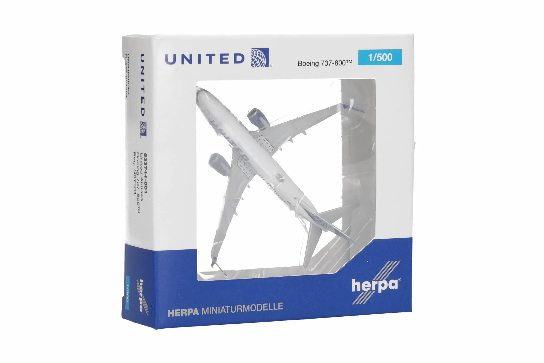 Herpa Modellino aereo United Airlines Boeing 737-800, miniatura scala 1:500, pezzo da collezione, modello senza supporto, metallo