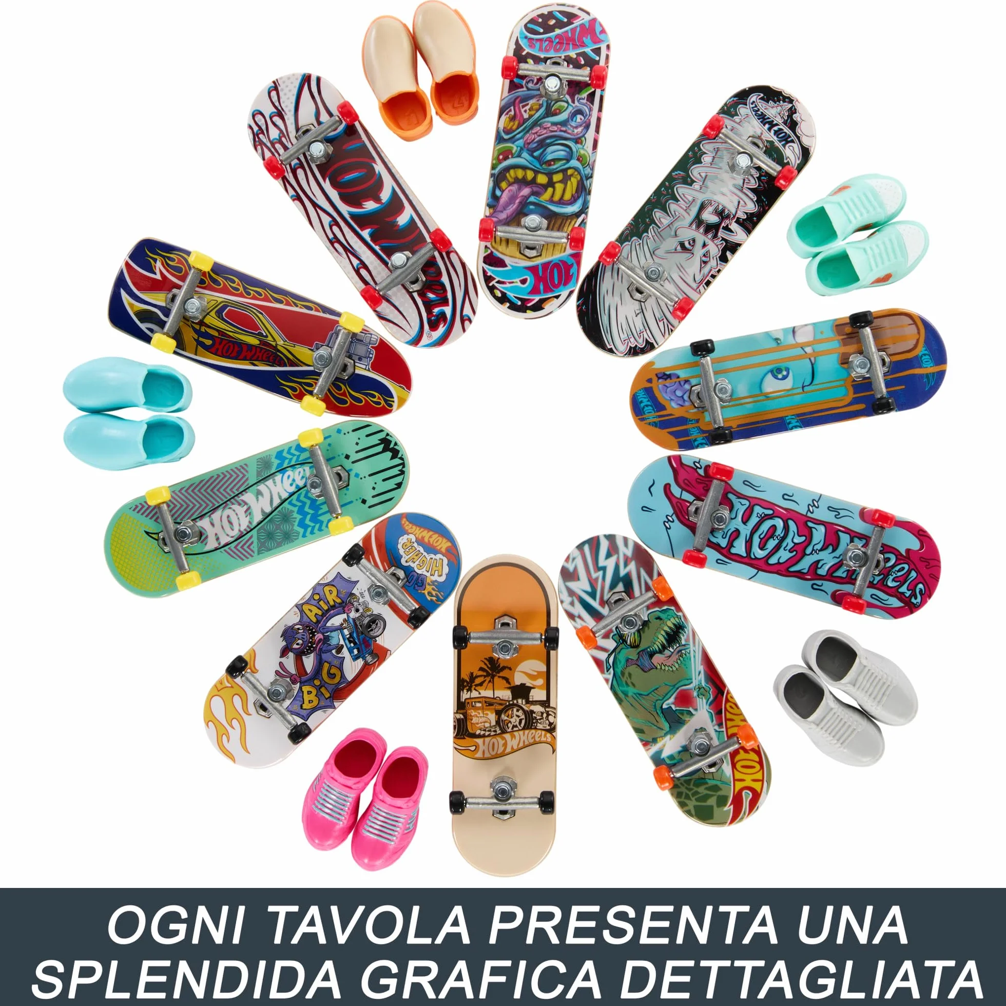 Hot Wheels Skate - Set da 10 fingerboard, include anche 5 paia di scarpine da skate rimovibili, grafiche dettagliate a tema, giocattolo per bambini, 5+ anni, HTP59