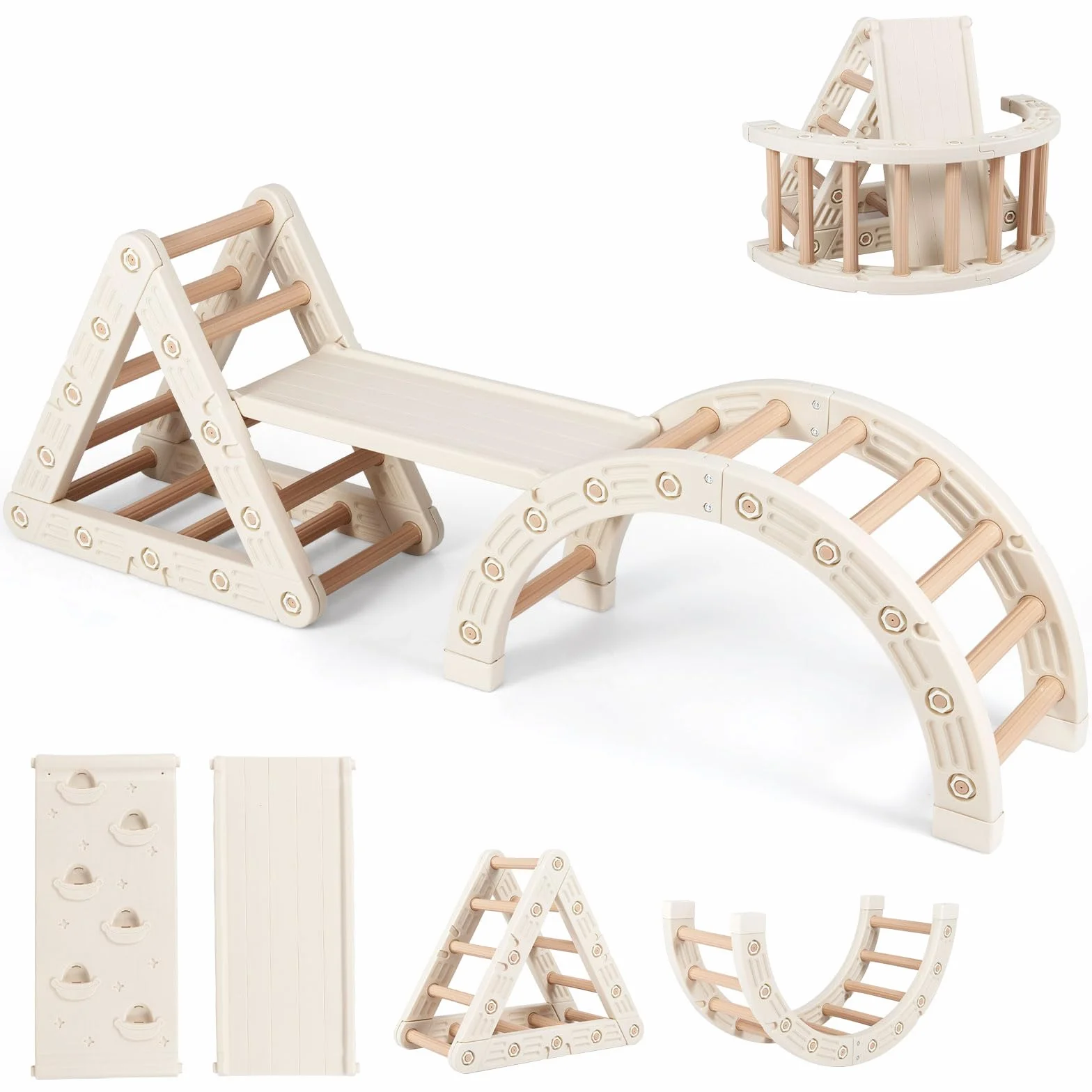 FANTASK Montessori - Set da arrampicata 5 in 1, con scivolo e triangolo in legno, giocattolo da arrampicata con rampa bifacciale, giocattolo per bambini dai 3 ai 6 anni