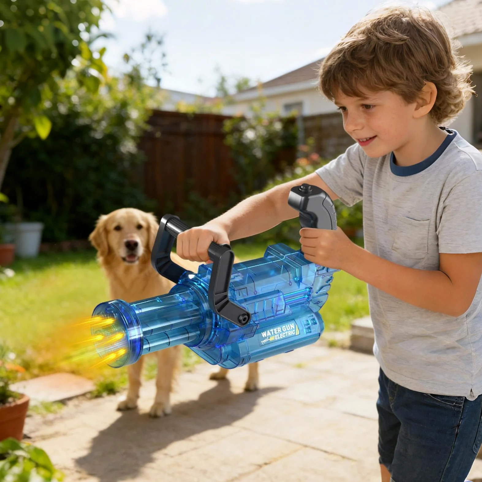 Sparatore d'Acqua Elettrico Sparacqua elettrico con funzione | Giocattolo ad acqua con effetti luce e fiamma per Bambini Attività all'Aperto Giardino Spiaggia Piscina Campeggio
