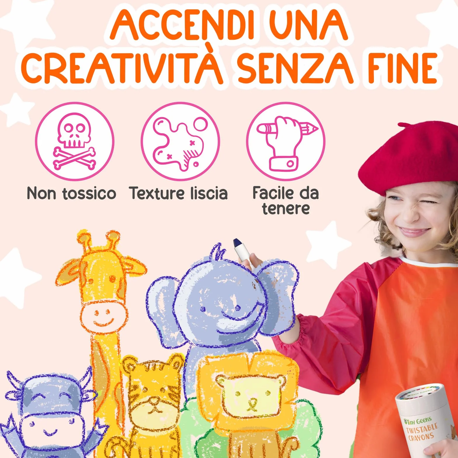 TinyGeeks 24 Pastelli a Cera Twistabili - Non Tossici per Bambini 1-3 Anni - Pastelli a Cera Lavabili per Bambini di Età 4-8 Anni