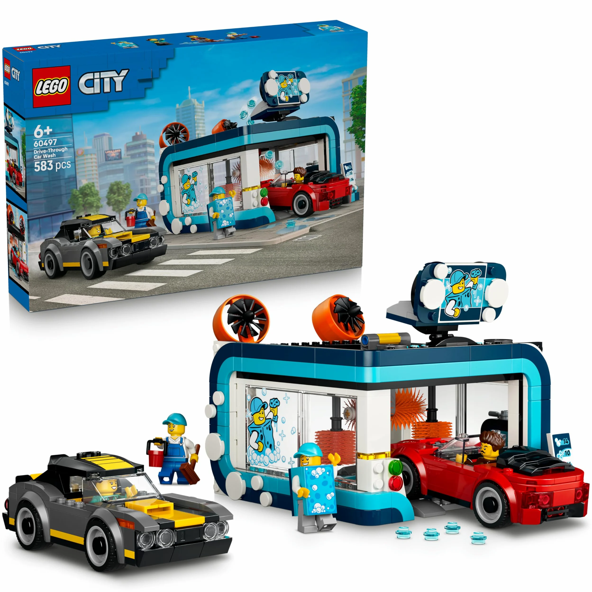 LEGO City Autolavaggio Drive-In Giocattolo - Include 2 Modellini di Auto, Funzione di Lavaggio e 4 Minifigure con Accessori - Idea Regalo di Compleanno per Bambini da 6 Anni in su - 60497