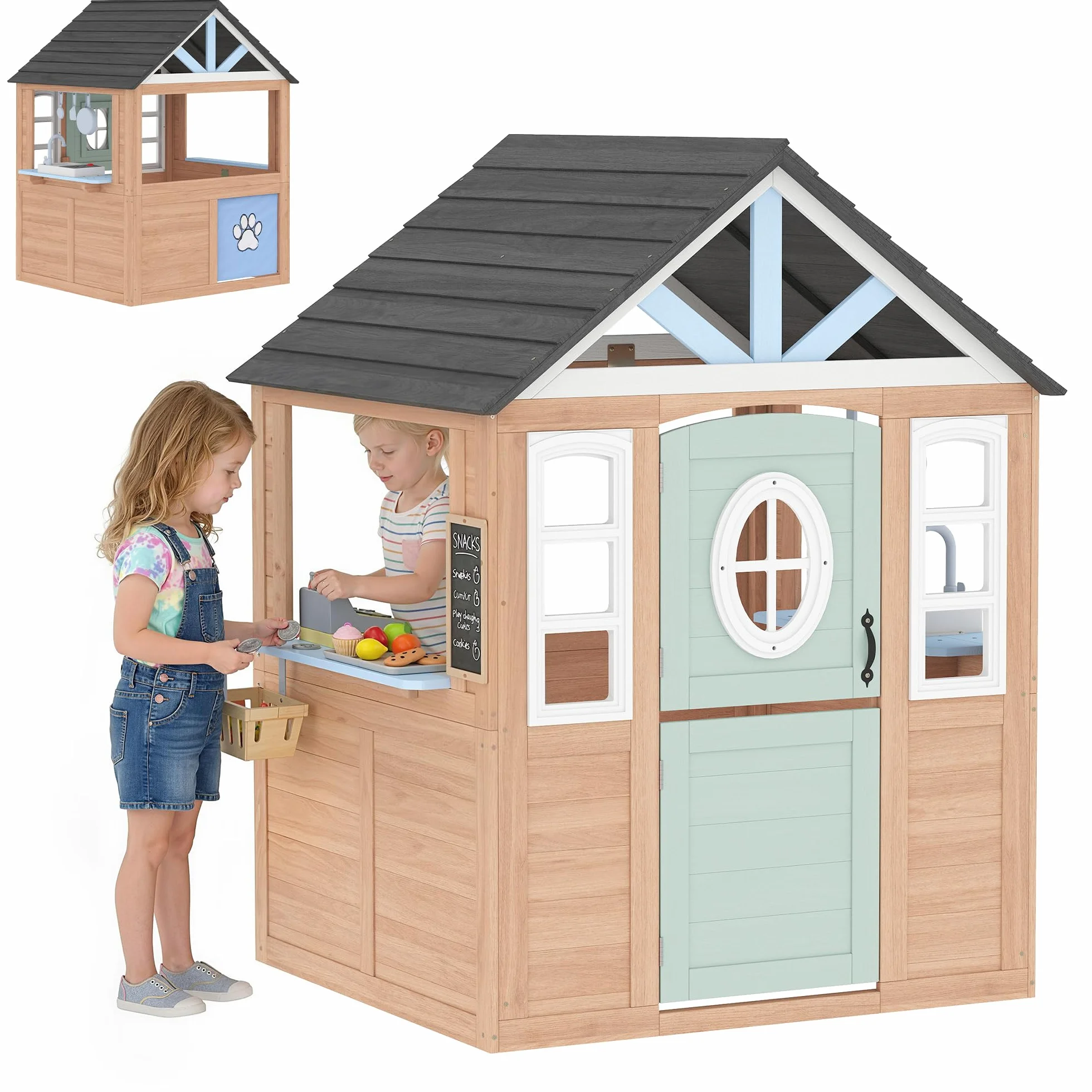 AIYAPLAY Casetta per bambini all'aperto e interno in legno, casetta per bambini, con porta per animali domestici, cucina giocattolo, mezza porta e finestre, casa da giardino per bambini di +2 anni