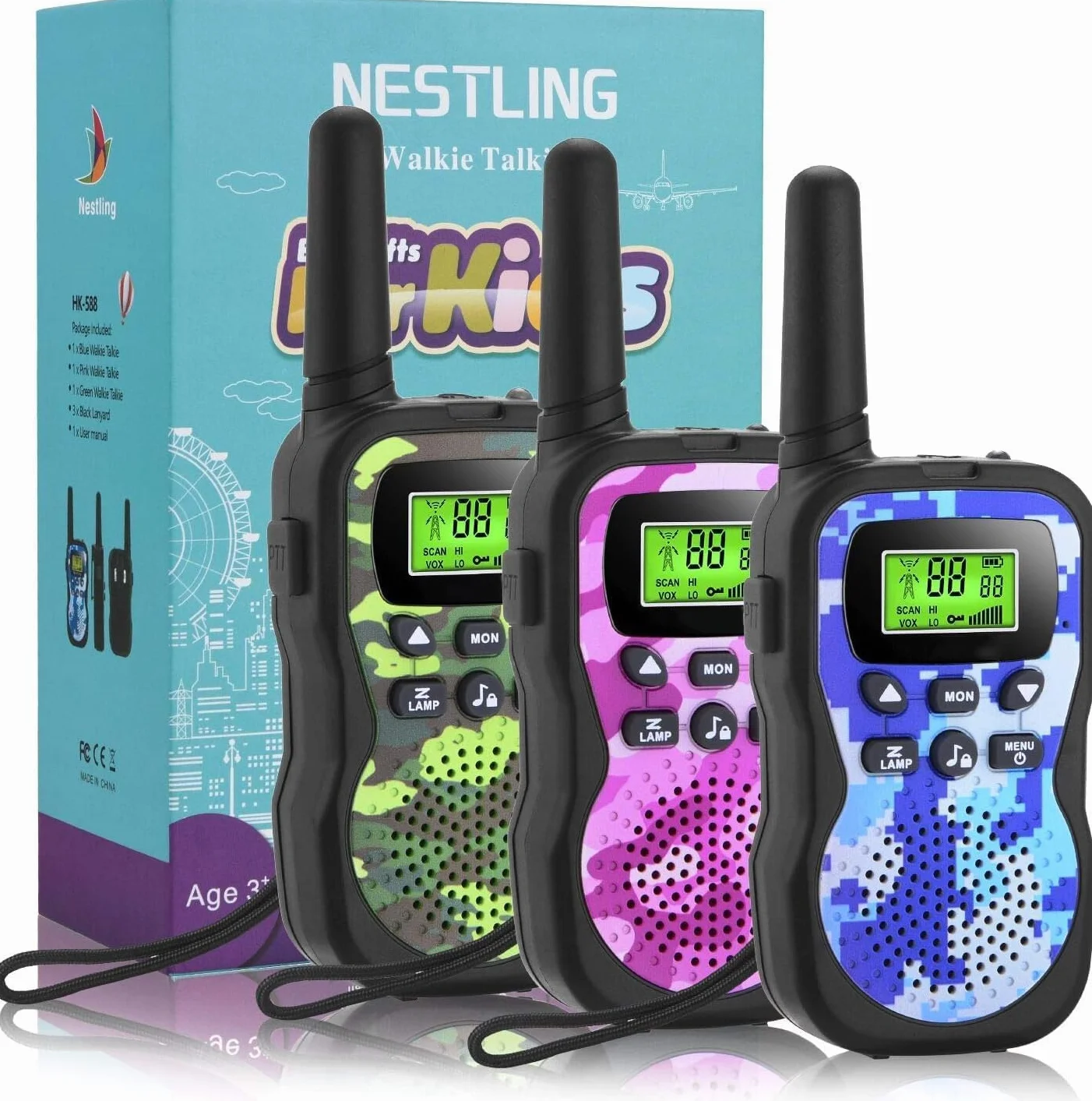 Nestling Walkie Talkies 3 Pezzi, Walkie Talkie Bambini 8 Canali Radio a 2 vie con Torcia LCD
