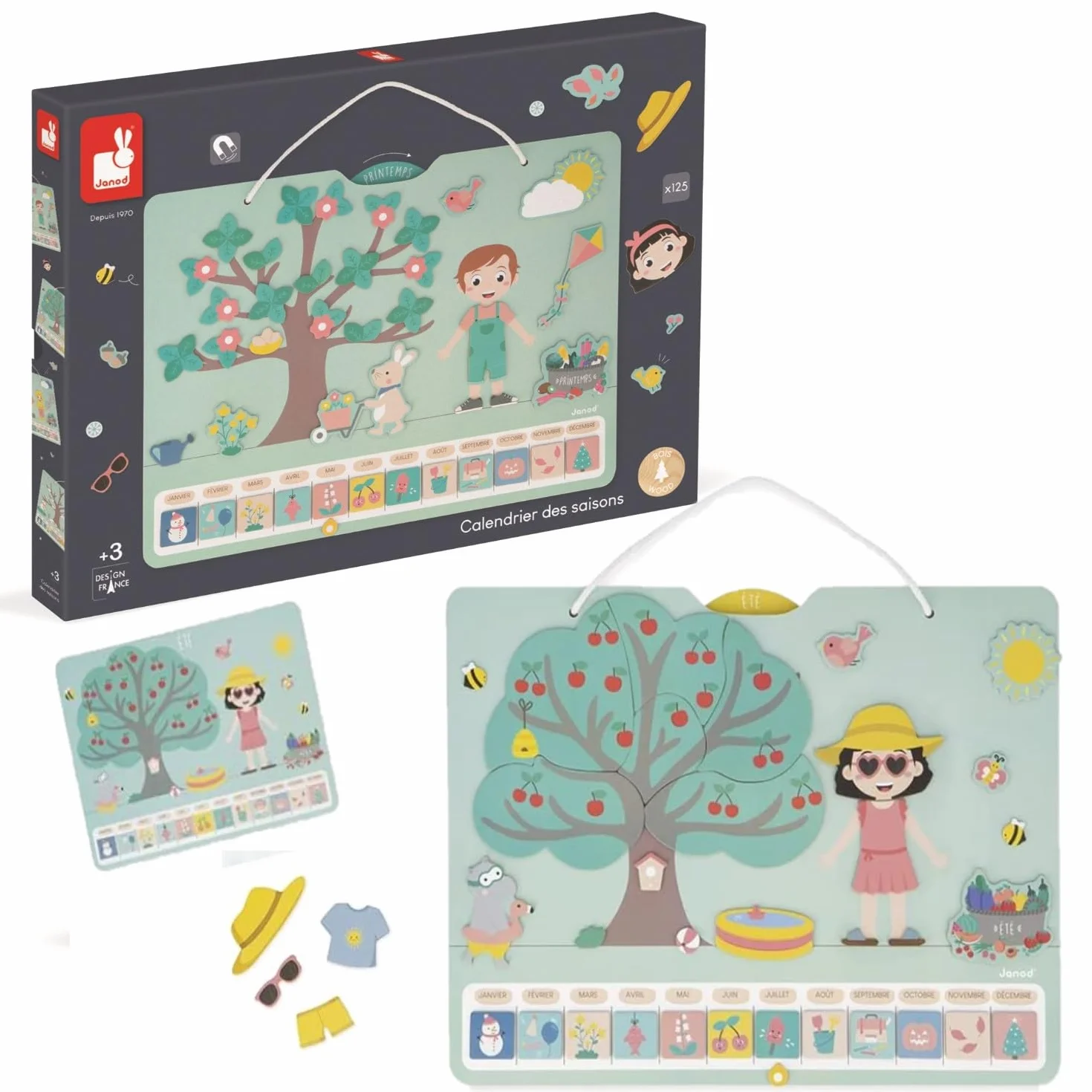 Janod - Calendario delle Stagioni - Calendario Educativo in Legno per Bambini 42 x 32 cm - Magnetico - 125 Magneti - Tempo e Stagioni - Versione Inglese - Dai 3 Anni, J5464