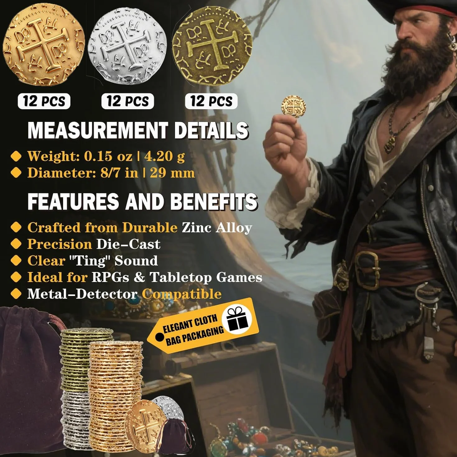 ZUCOS Set di monete da pirata, in metallo, decorazione per giochi da tavolo DND, cosplay, realistica medievale, tesoro dei pirati (oro 12, argento 12, Copper 12, Large)
