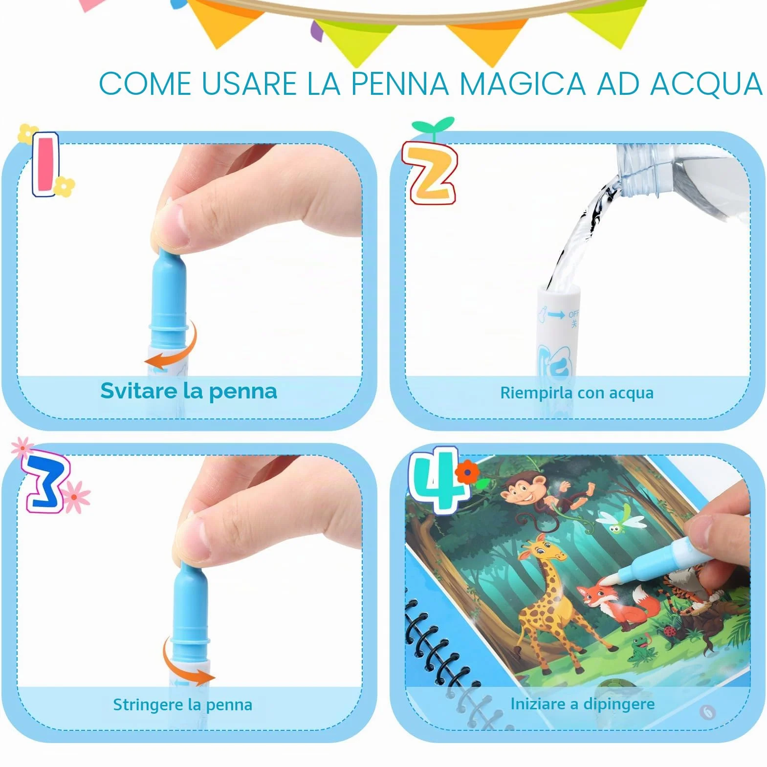 JoyPlus 4 Pezzi Libro di Pittura ad Acqua con 4 Penna Acqua, Libri da Colorare per Bambini, Riutilizzabili Libro Magico ad Acqua da Colorare, Pittura Giocattolo Regalo per Ragazzi Ragazze Bambini