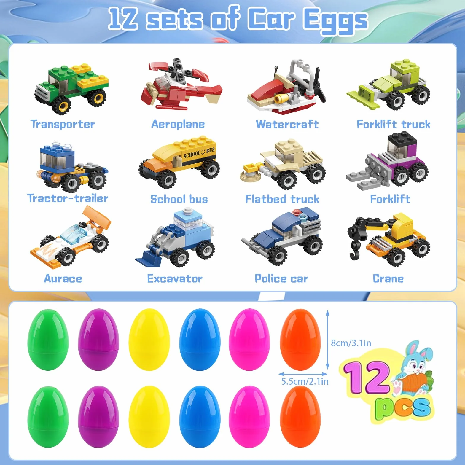 dellyy 12 Pezzi Easter Eggs Bambini, Regalo Pasqua Bambini, Uovo di Pasqua con Blocchi da Costruzione di Auto, Idee Regalo Pasqua, Uova Giocattolo per Bambini, per Caccia alle Uova (Veicoli)