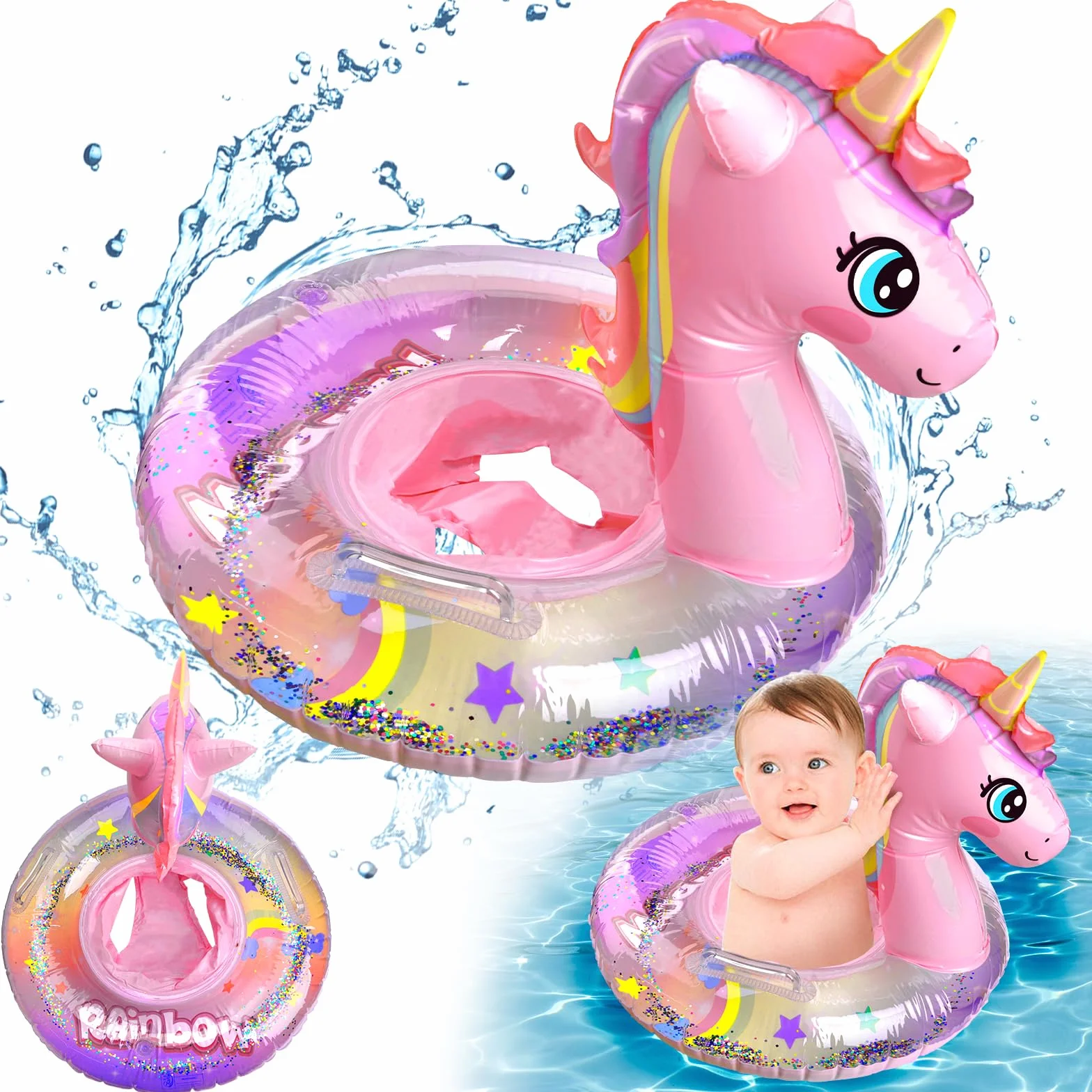 Salvagente Gonfiabile per bambini, Salvagente Gonfiabile Unicorno con Doppio Manico, Galleggiante Gonfiabile del Bambino Seggiolino Dell'anello di Nuoto del
