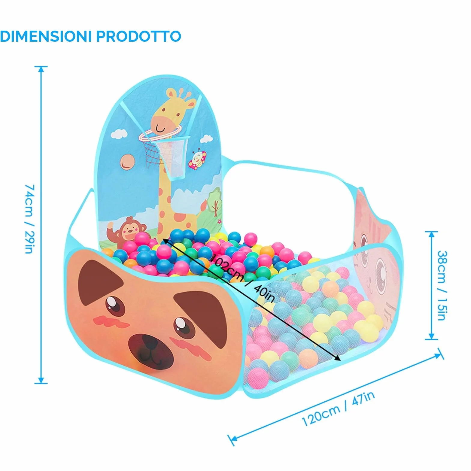 Tenda da gioco per bambini, automontante e pieghevole, con motivo stile cartone animati, con piscina per palline e canestro da basket per uso in ambienti interni ed esterni casetta per bambini