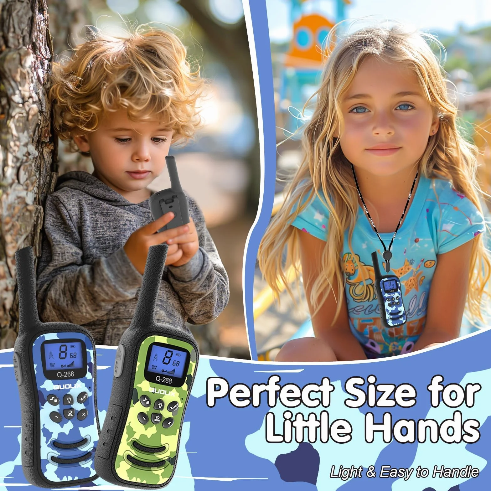 QUOLIX Walkie Talkie Ricaricabili per Bambini, Radio 8 Canali a Lunga Distanza con Torcia, Blu+Verde