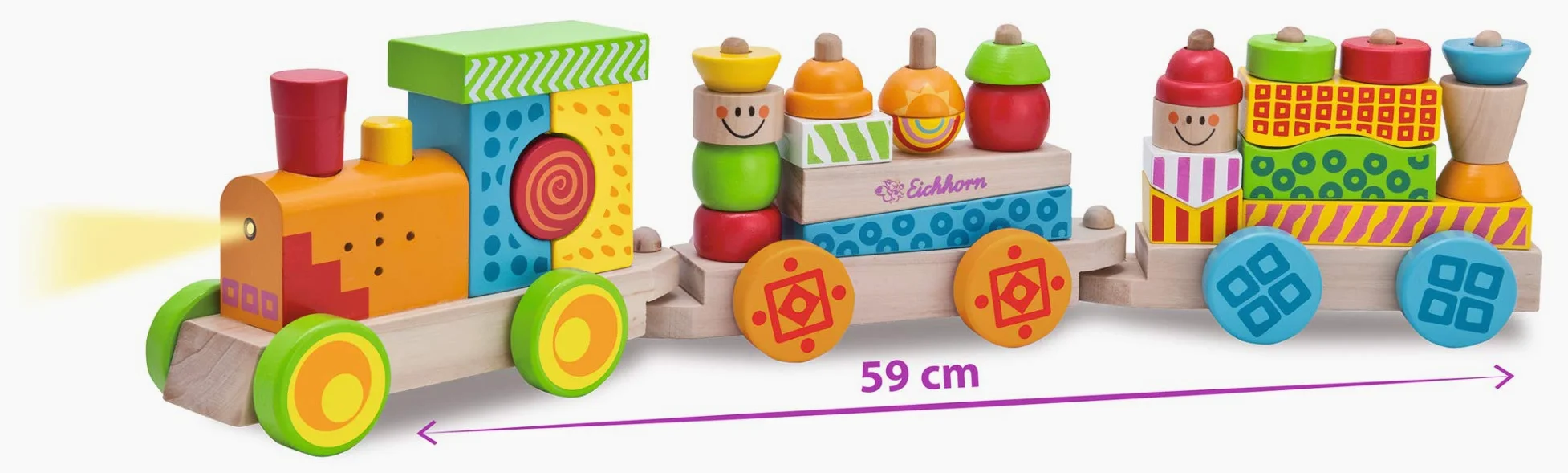 Eichhorn 100002236 - Trenino in Legno Colorato con Luci e Suoni, Completo di Formine Impilabili, 59 cm