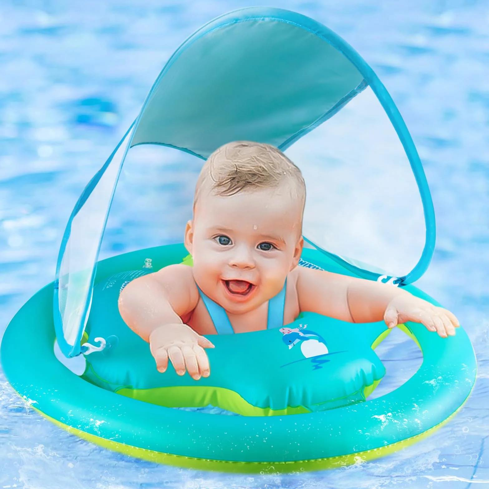 Thedttoy Salvagente Bambini con Parasole UPF50+ & Seggiolino di Sicurezza, Doppio Airbag Piscina Salvagente per Bambini Ragazzi 1-3 anni Gonfiabile Anello Salvagente Ciambella Neonato 6-36 Mesi(Blu)