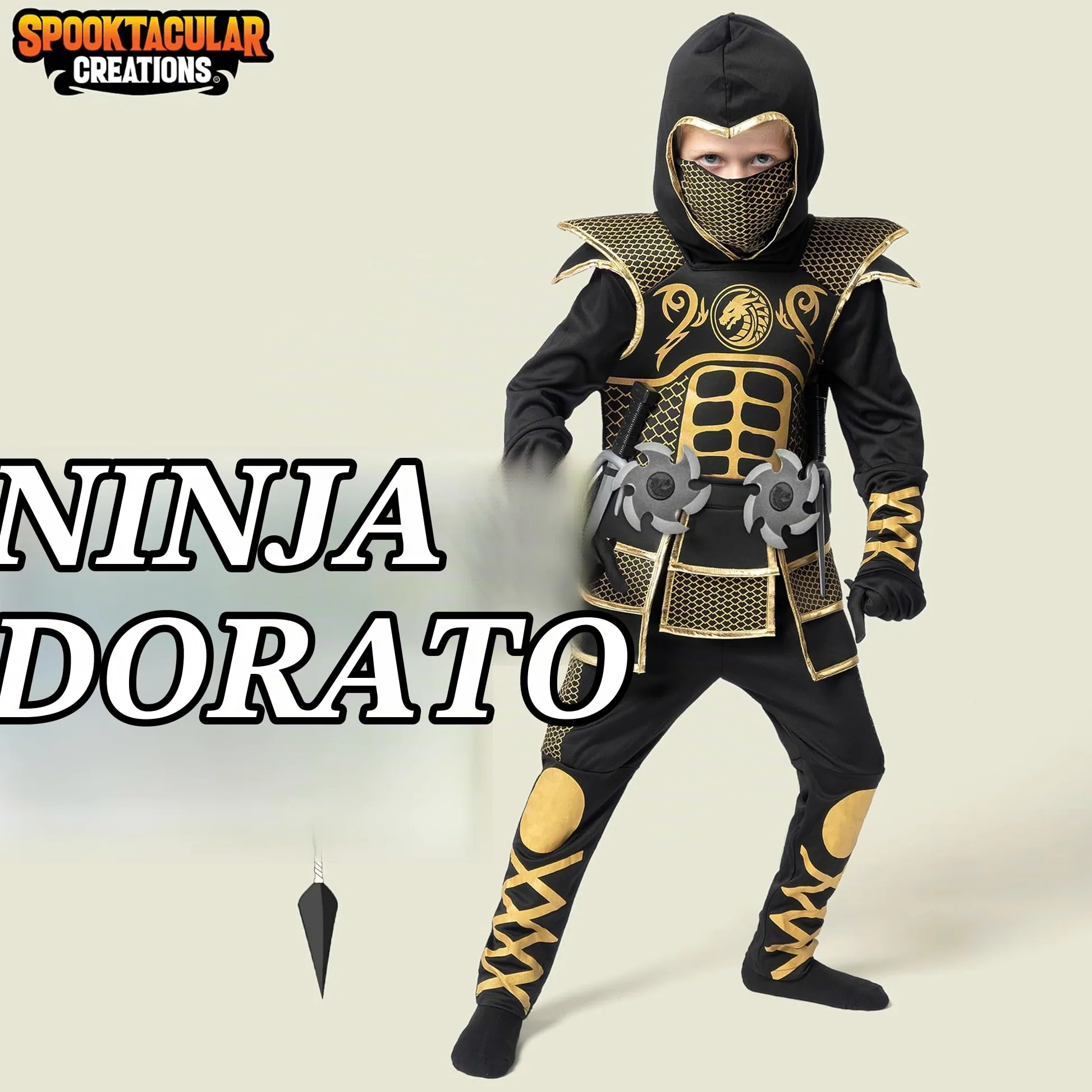 Spooktacular Creations Costume Ninja d'oro per ragazzi, set di costumi Ninja per bambini con armatura d'oro e modelli per Halloween Costume Ninja Dress Up Party