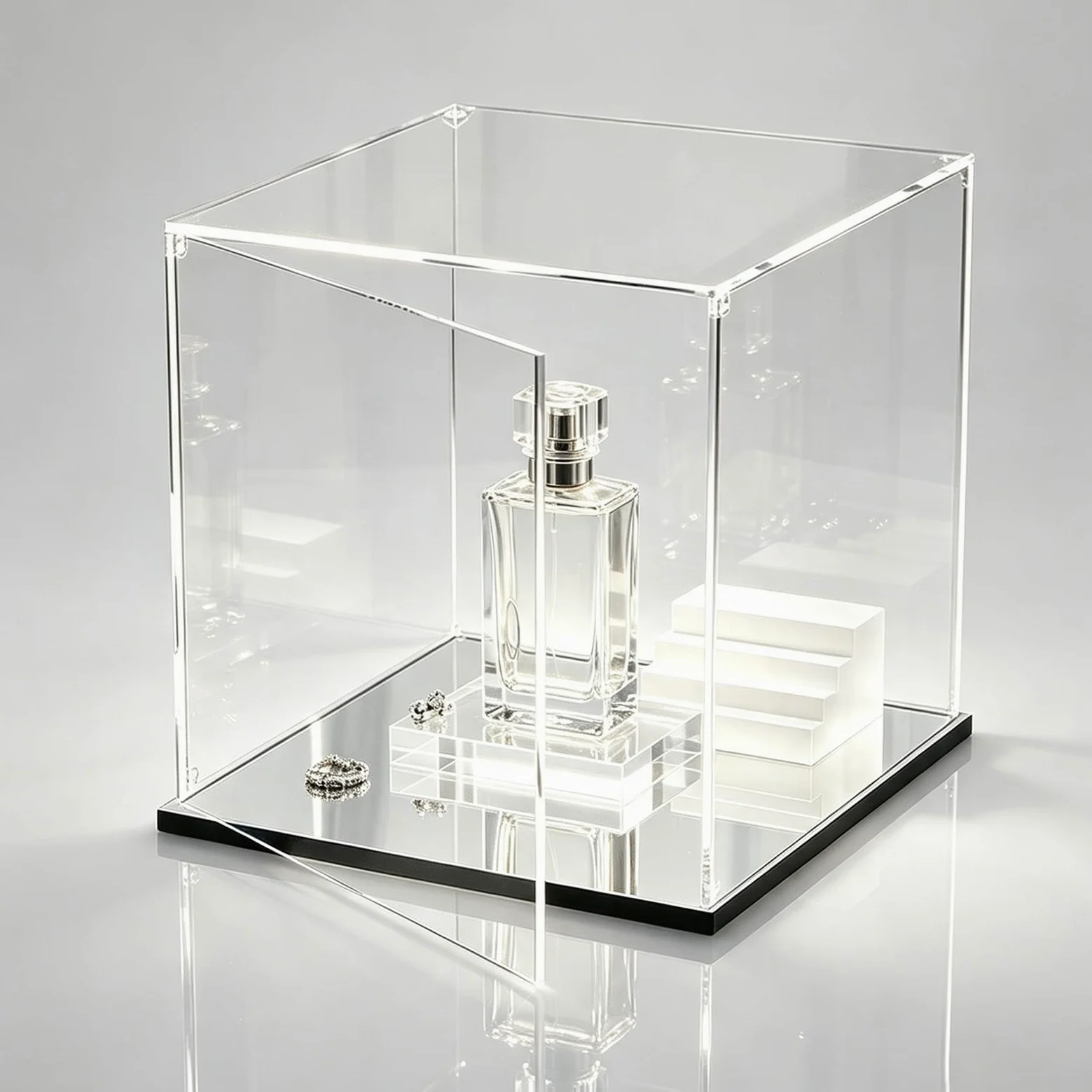 Teca Plexiglass Base a Specchio, Scatola in Acrilico con Sportello, Vetrina | Una Scatola di Vetro Alternativa con Apertura Laterale, Contenitore Trasparente per L'organizzazione Domestica