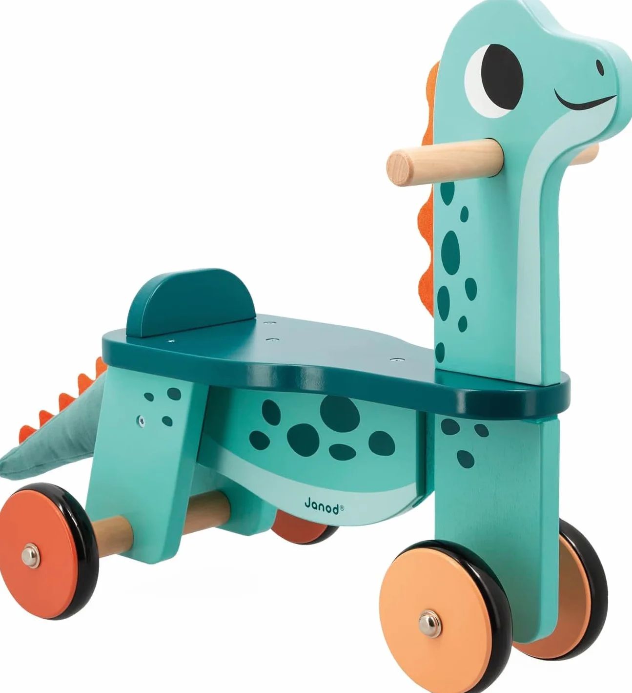 Janod Cavalcabile Dinosauro Portosauro Altezza Sedile 21 cm Coda Peluche Removibile Giocattolo Multisensoriale Legno FSC dai 12 Mesi