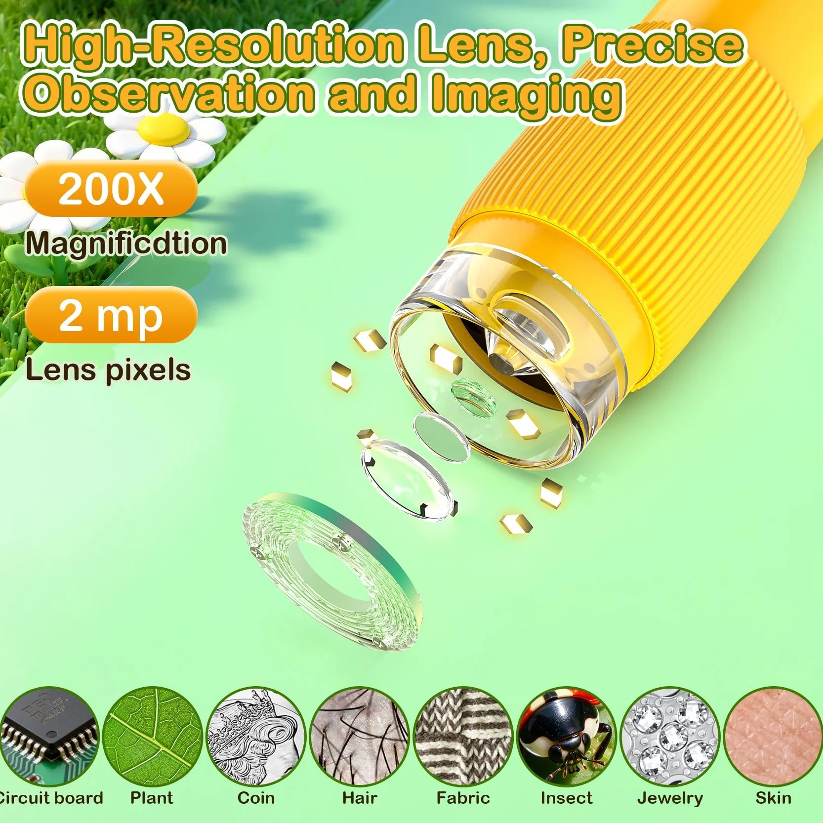 GlobalCrown Microscopio bambini tascabile,Microscopio digitale portatile 200x con schermo da 2,0 pollici,giocattolo per l'apprendimento scientifico per 3,4,5,6,7,8,9,10 anni ragazzi,ragazze