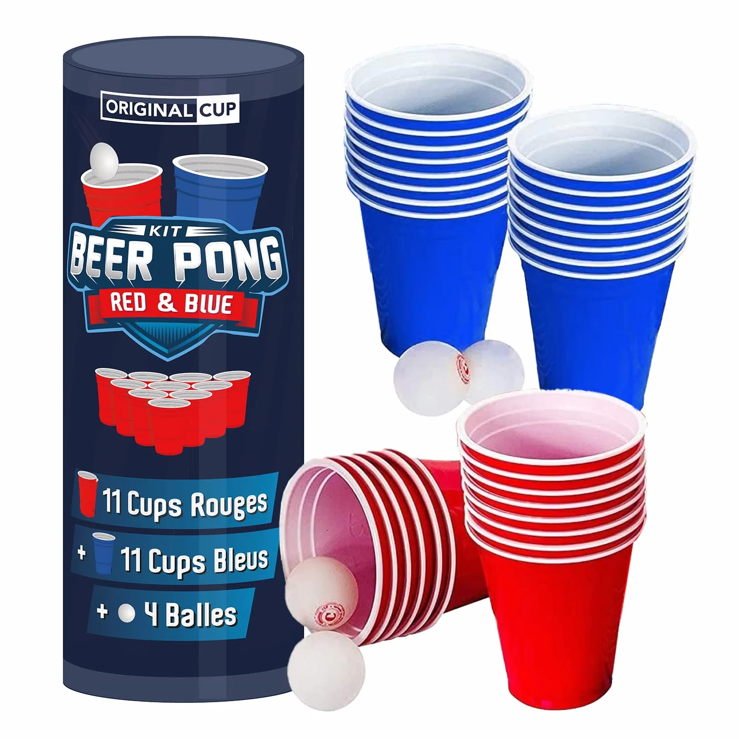 OriginalCup® Kit Ufficiale Beer Pong Originale | Set Bicchieri di plastica riutilizzabili + 4 Palline | 22 Tazze (11 Rosse e 11 Blu)