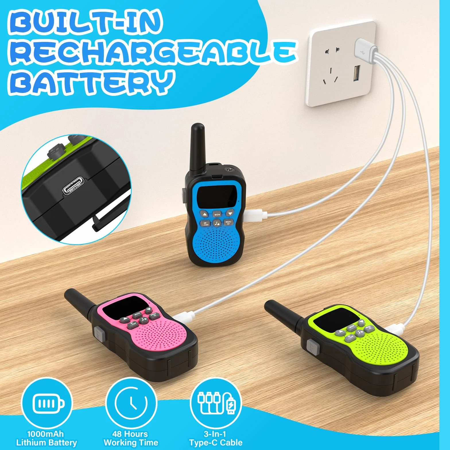 Apkezel Walkie Talkie Bambini 3 Pezzi Ricaricabili 1000 mAh 3km con Torcia VOX