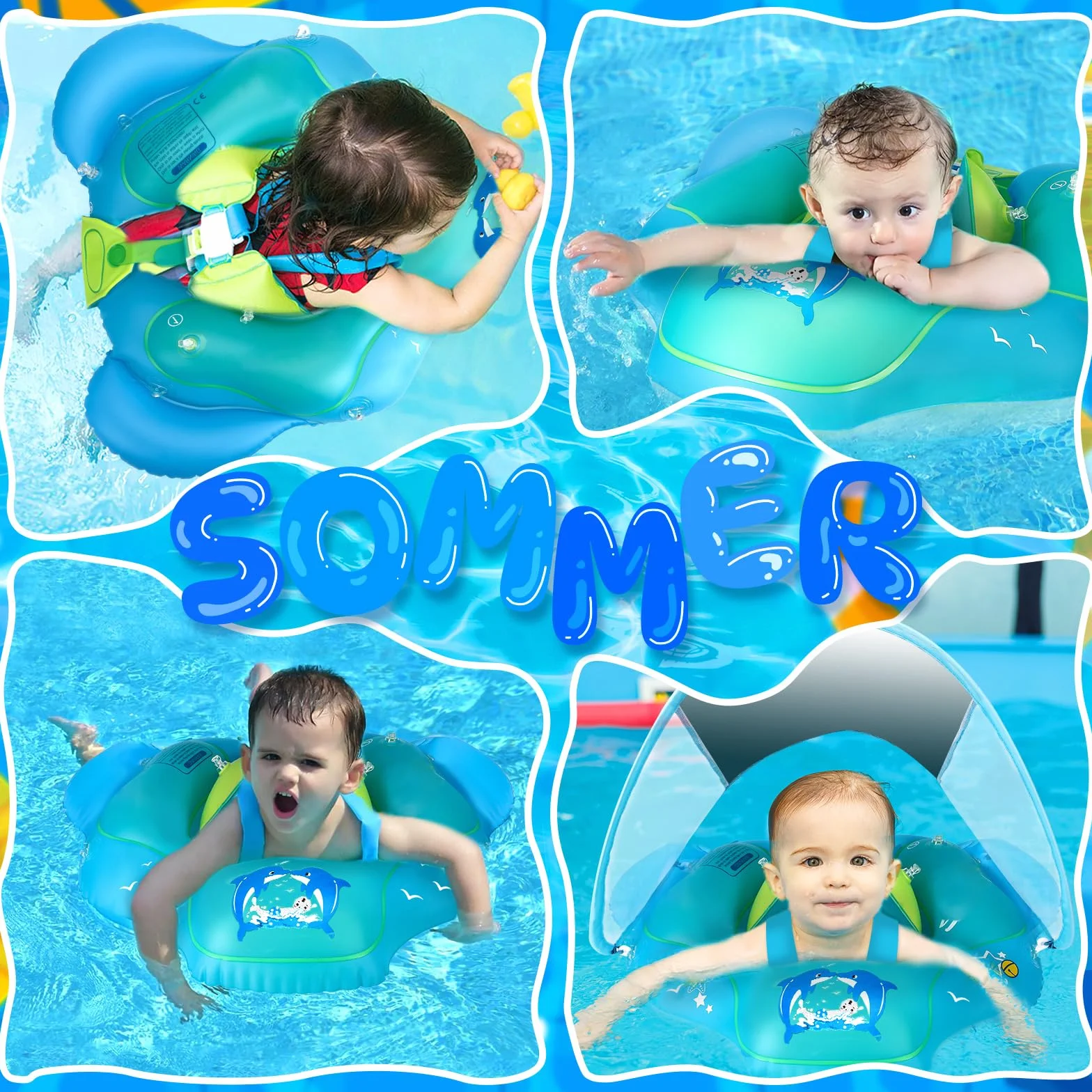 Salvagente Neonato con Parasole, Salvagente Gonfiabile per Bambini, Salvagent Gonfiabile per Piscina Regolabile Doppio Airbag Anello, Anello di Nuoto per Bambini per Bambini da 6 a 36 Mesi