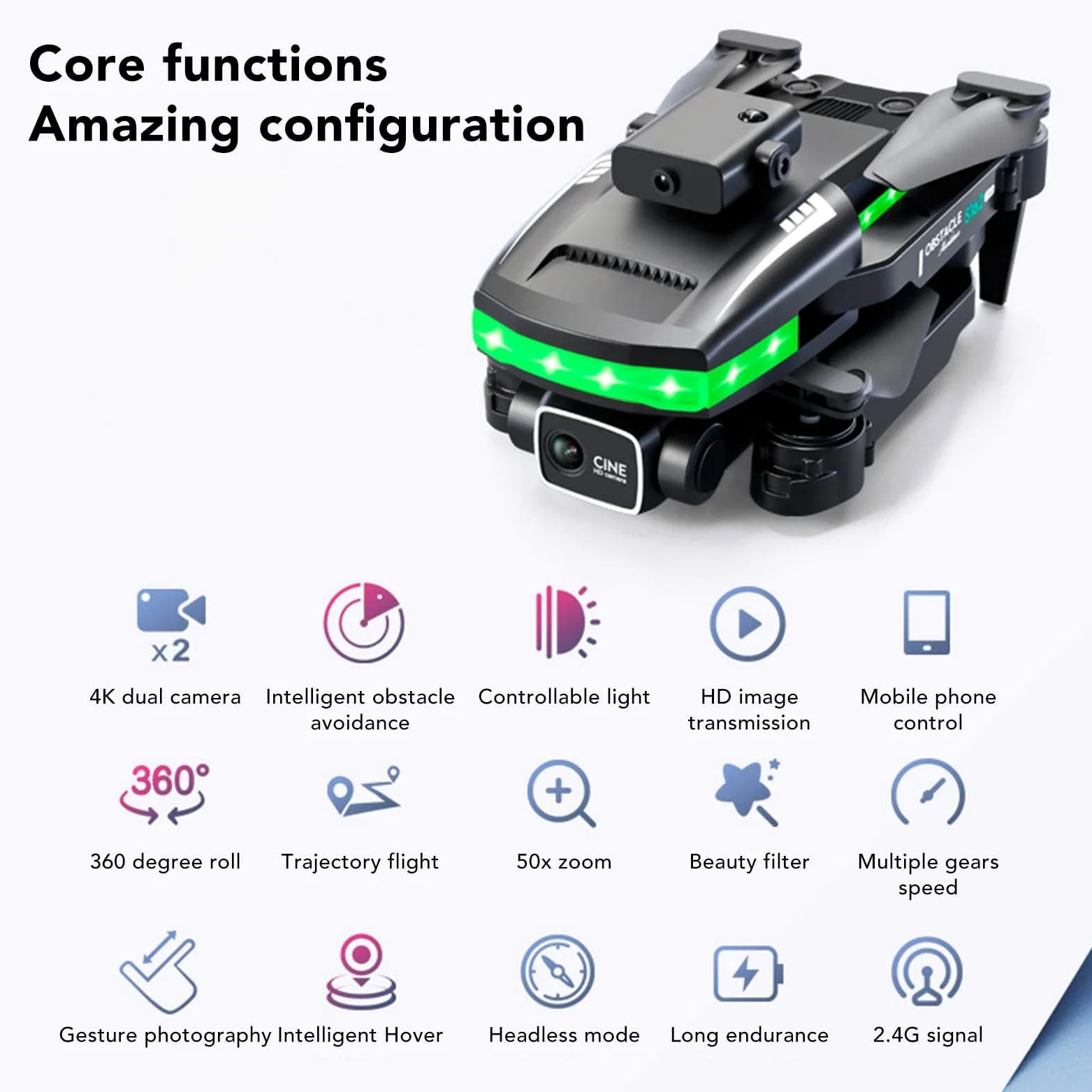 Drone, Evitamento Ostacoli WiFi S162 Drone Rc Quadcopter, Controllo Gesti 4K HD Drone con Fotocamera per Adulti Principianti Bambini