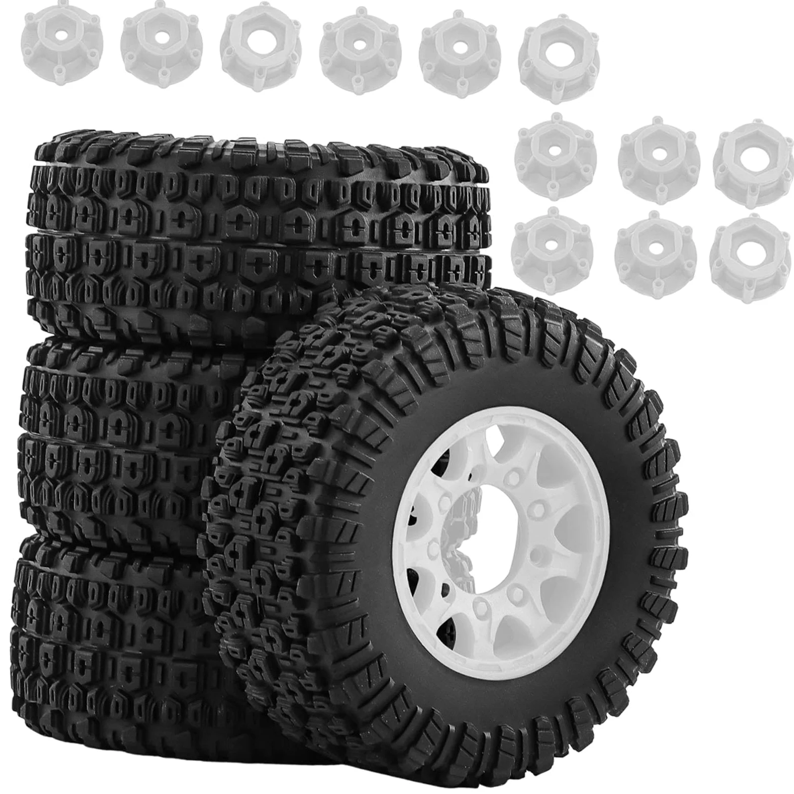 4 Pezzi Ruote Auto Giocattolo Pneumatici Ricambio Adattatori Inclusi Gomma PP Installazione Pratica Adatti a Modellismo Radiocomandato Riparazione RIC, Bianco