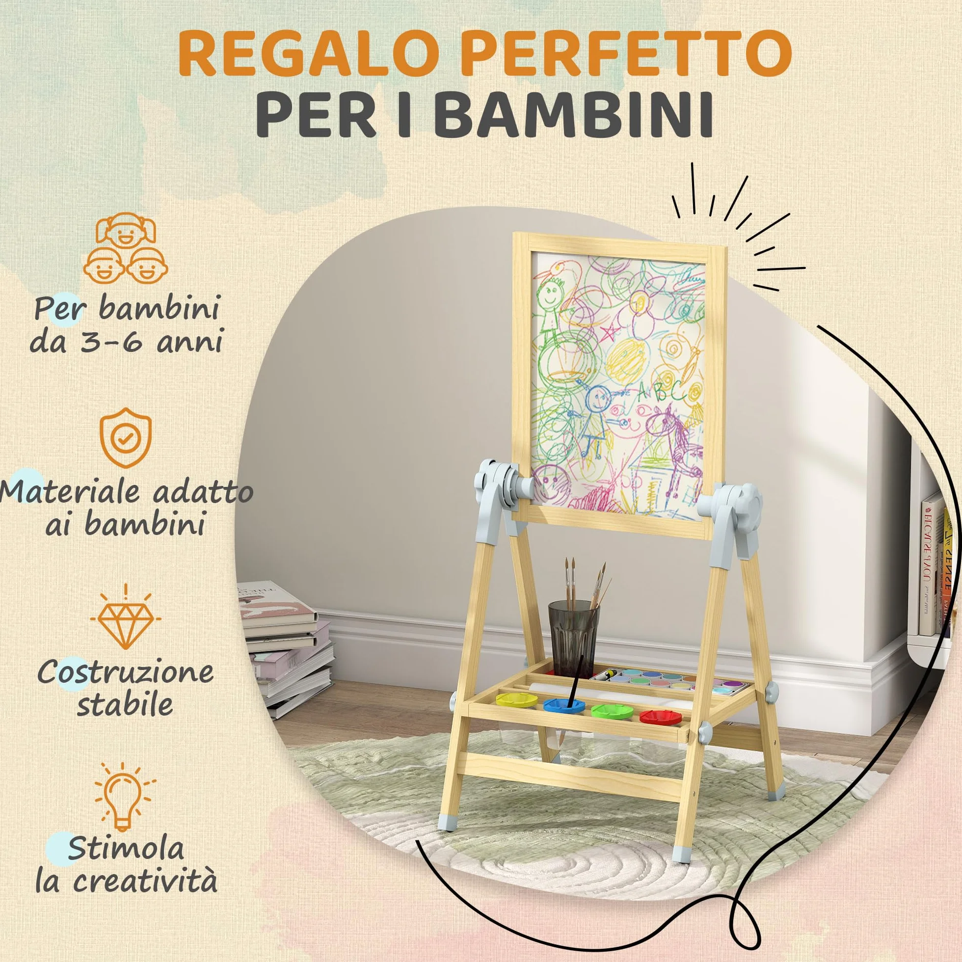 AIYAPLAY Cavalletto da Disegno per Bambini con Lavagna Doppia Magnetica, Vassoio Portamatite, Rotolo Carta Incluso, Legno Naturale