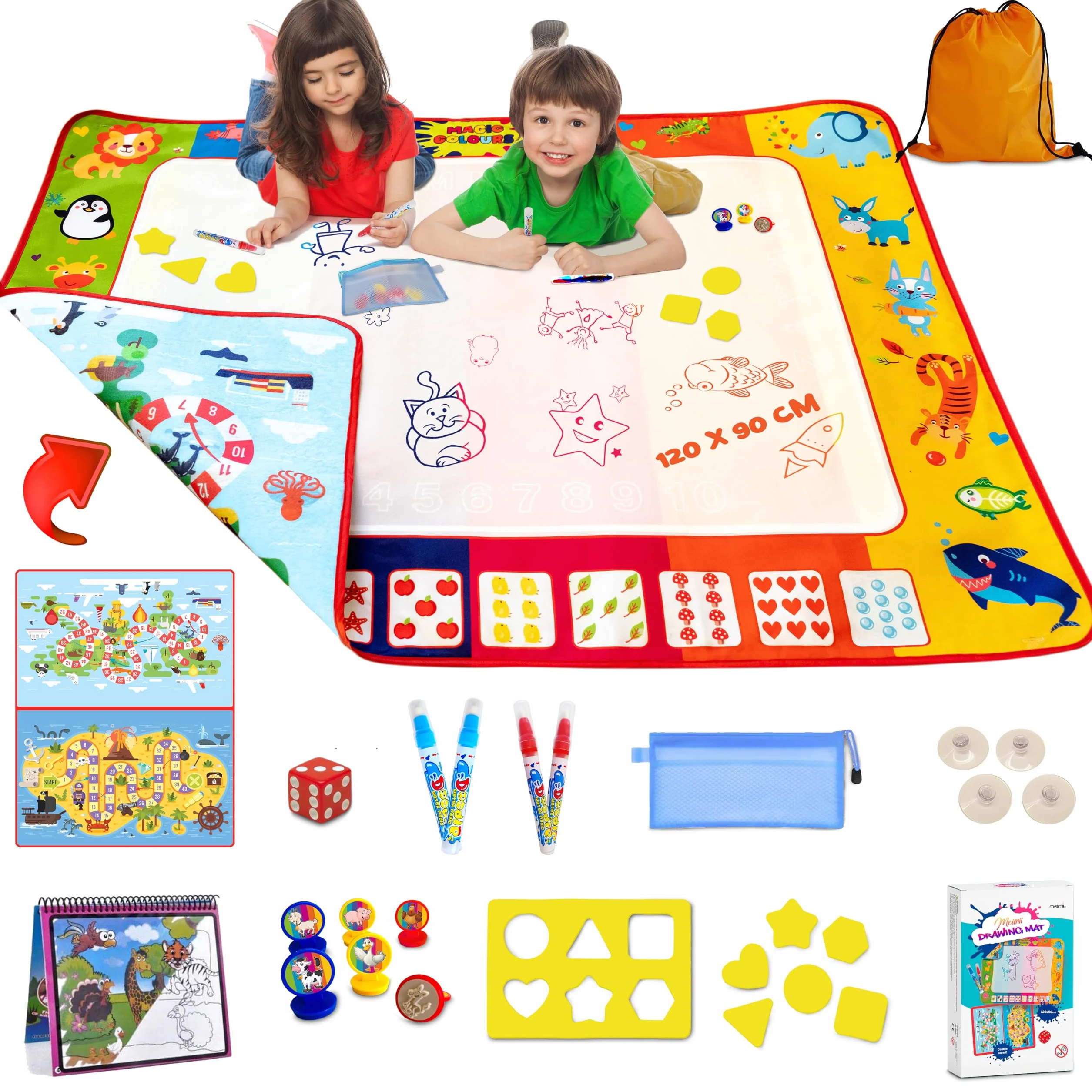 Tappeto Magico 2 Lati 120x90cm Con Accessori, Giochi Educativi e Didattici, Giocattolo per Disegni, Acqua, Bambini 3 anni, Doodle Idea Regalo Design Registrato
