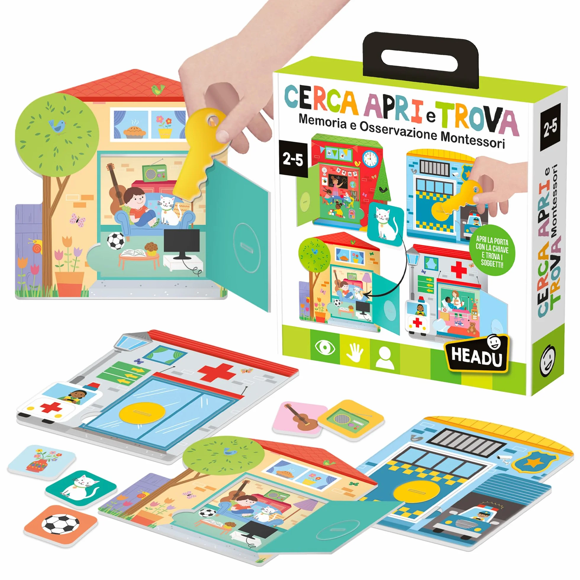 HEADU - Cerca Apri e Trova Montessori - Memoria e Osservazione per i Più Piccoli | Gioco Educativo Montessori 2 3 4 5 Anni, Gioco Memoria Bambini, Attività con Chiave Apri e Chiudi, Made in Italy
