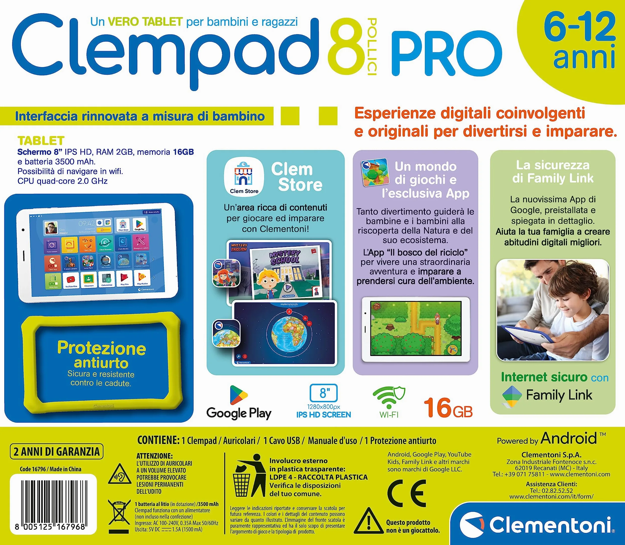 Clementoni - Clempad 8 Pollici PRO, Tablet Educativo Bambini 6-12 Anni, Screen HD, Memoria 16GB, RAM 2G, WiFi, Android 11, 2 Fotocamere, Google Play e Sistema Parental Control, Lingua Italiana, 16796