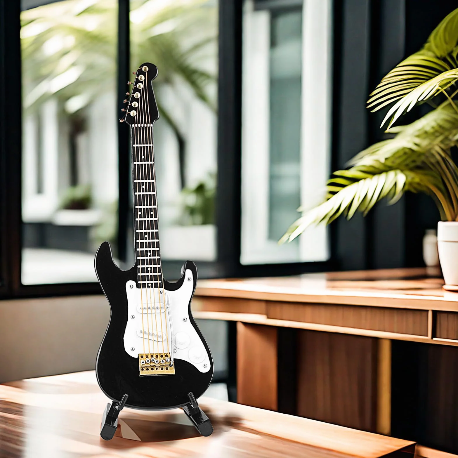 Mussiin Miniatura Chitarra Elettrica 6 Corde 14 cm con Supporto Custodia Nero