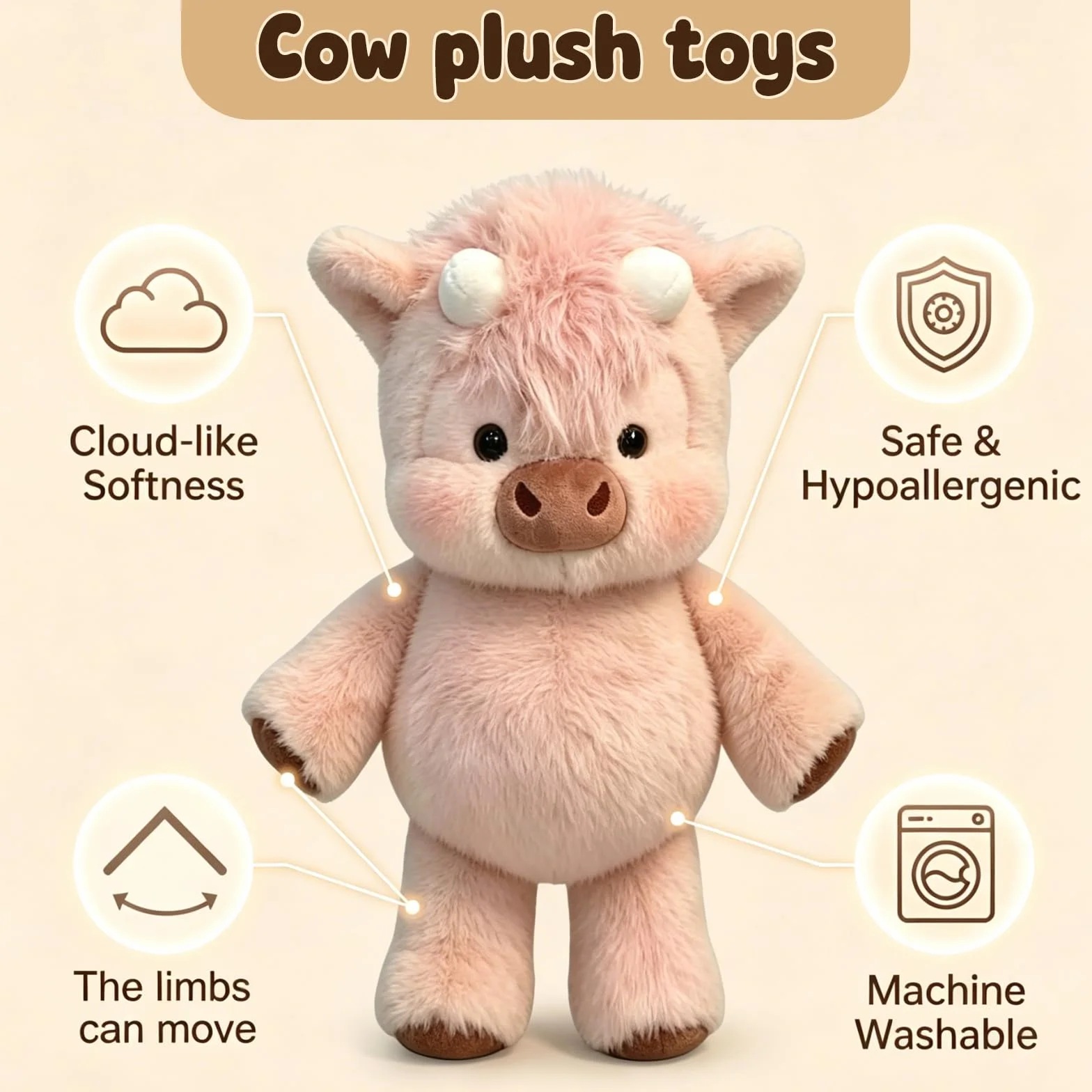 Peluche Che Corre 45cm Cinghiale Mucca Vitello Morbido Giocattolo Animale Pelosa Bambola Collezione Forma Pecora Cartone Rosa