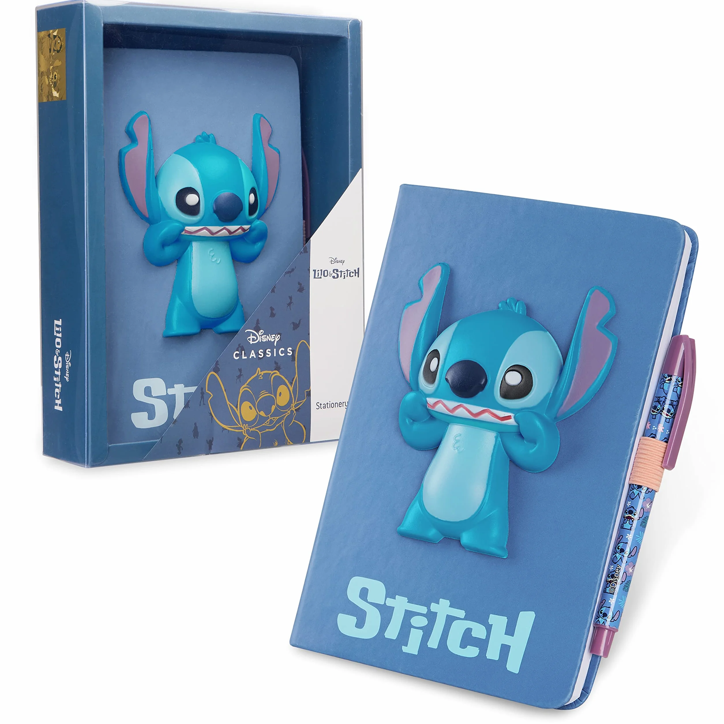 Disney Stitch Taccuino A5 e Penna Biro o Diario Lucchetto e Penna a Sfera Set Cancelleria Ufficio Scuola Regali Bambina (Blu 3D)